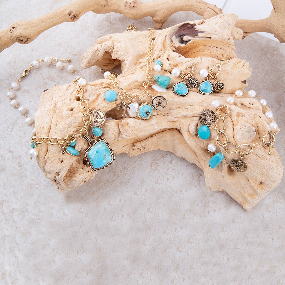 Blue Turquoise and White Pearl Multi Pendant Golden Necklace