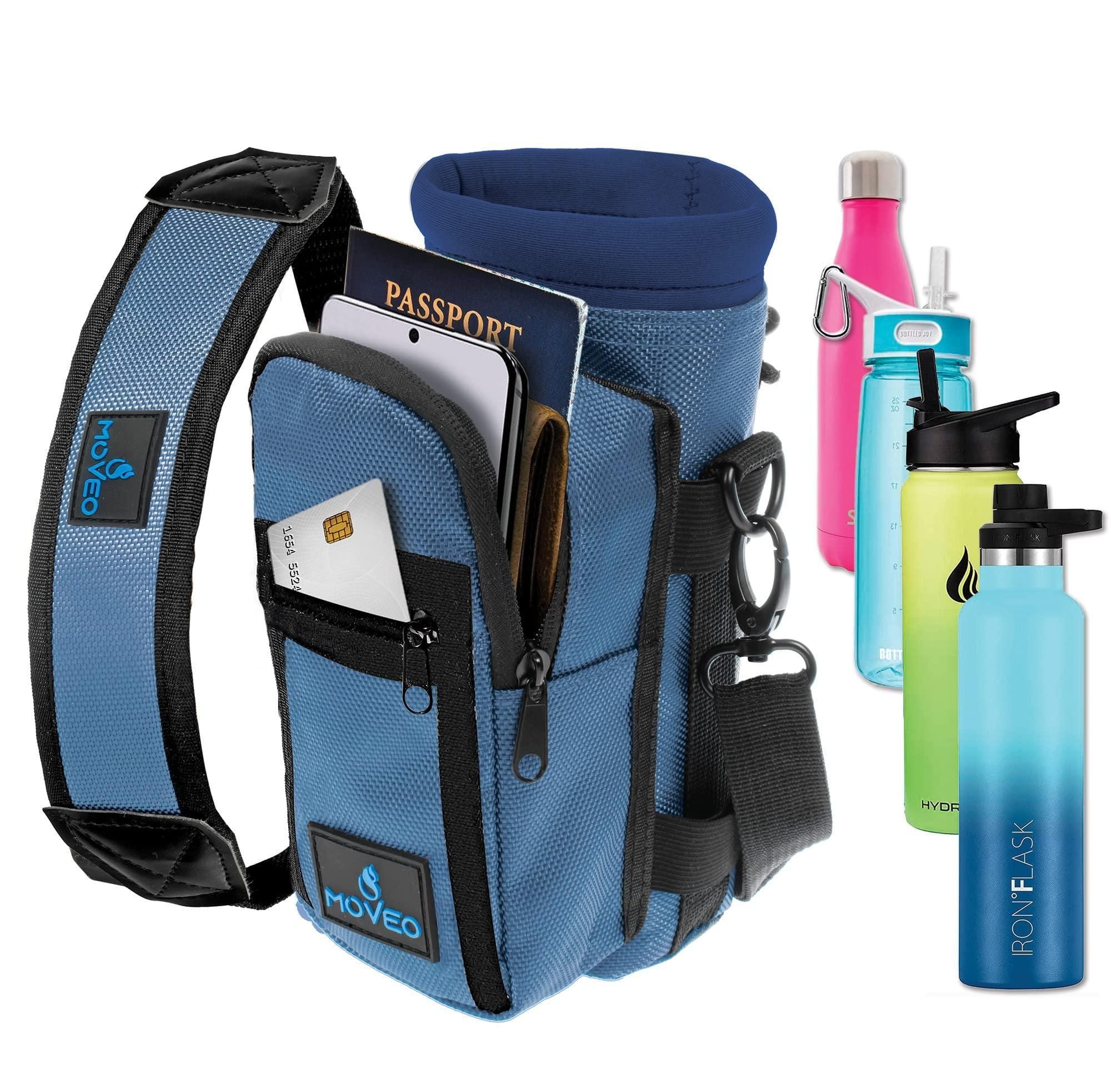 Blue Water Bottle Holder Carrier Bottle Cooler w Adjustable Shoulder Strap and Front Pockets Suitable for 16 oz to 25oz Bottles Carry Protect Insulate Your Bottle or Hydro Flask