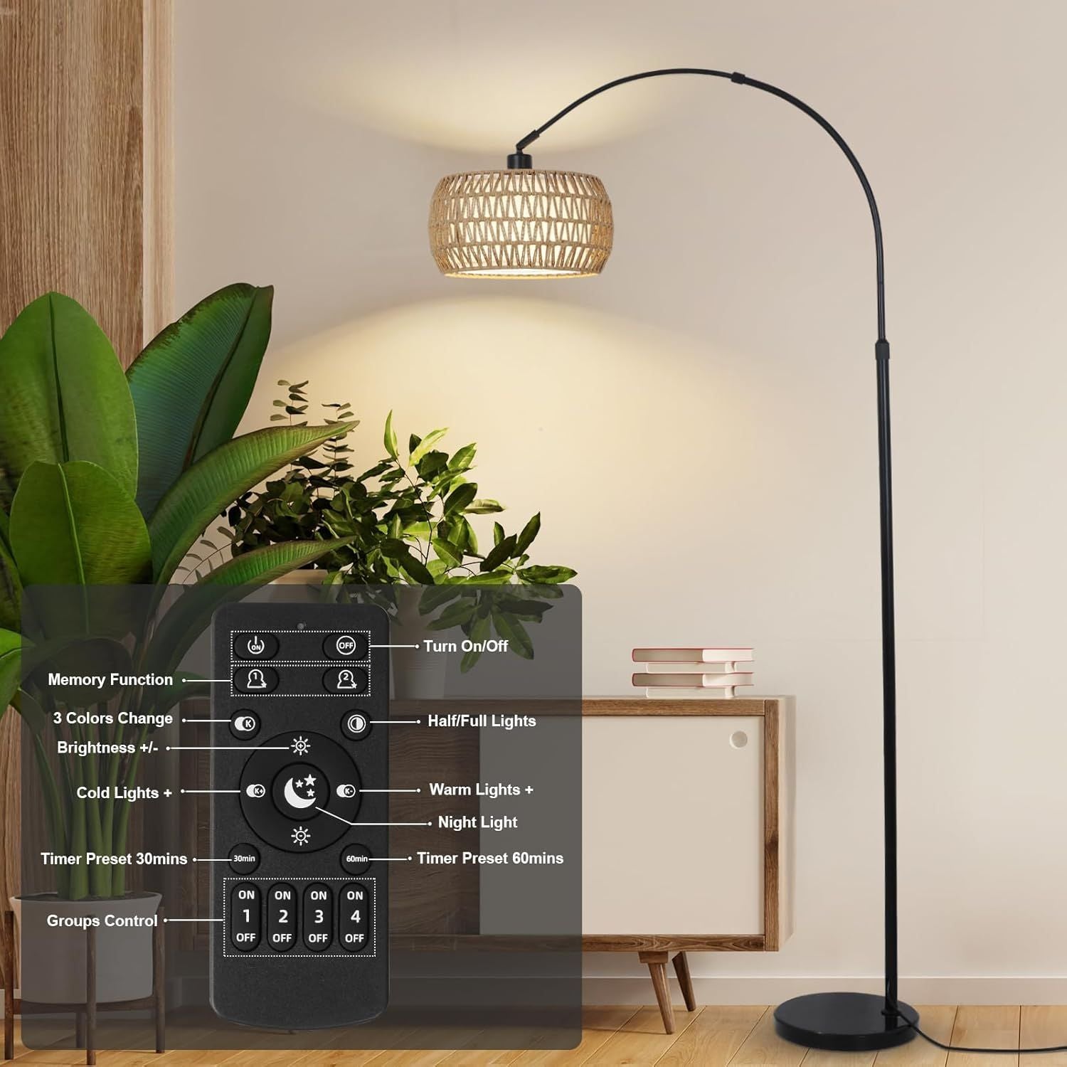 Boho Design Arc Floor Lamp for Valentine's Nights with Dimmable Color LED Bulb, Remote App Control