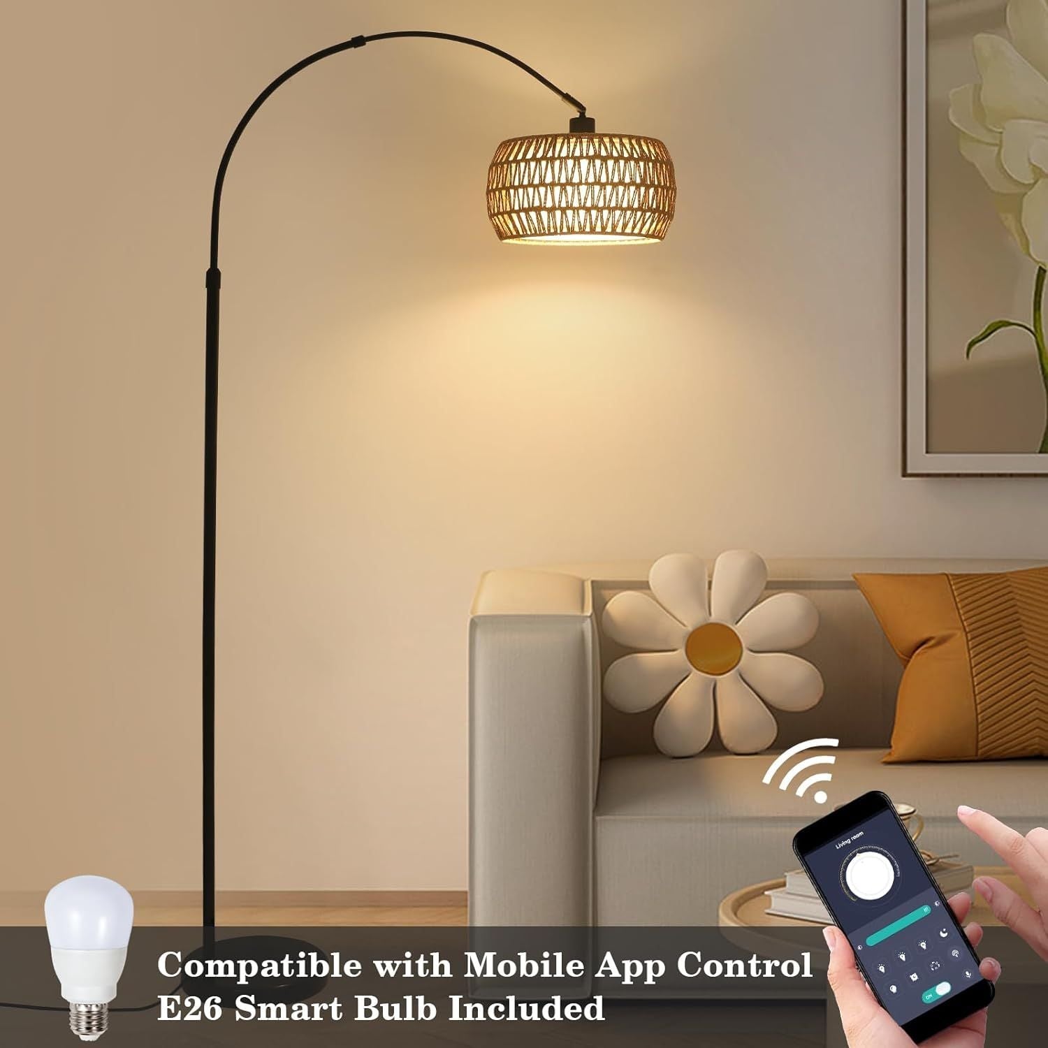 Boho Design Arc Floor Lamp for Valentine's Nights with Dimmable Color LED Bulb, Remote App Control