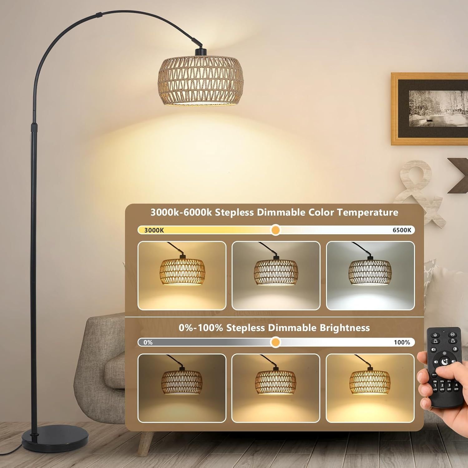 Boho Design Arc Floor Lamp for Valentine's Nights with Dimmable Color LED Bulb, Remote App Control