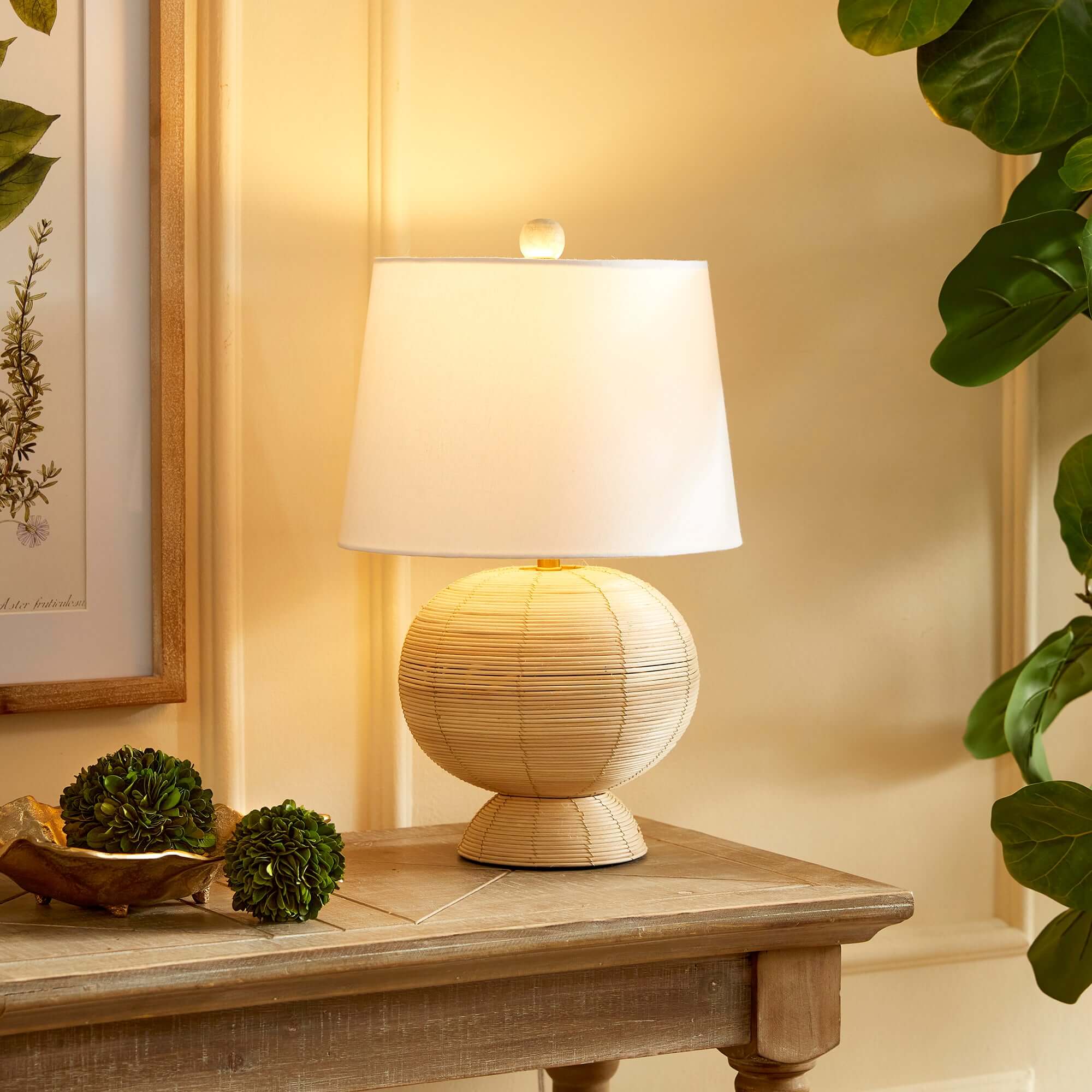 Boho Globe Rattan Lamp with Tapered White Shade