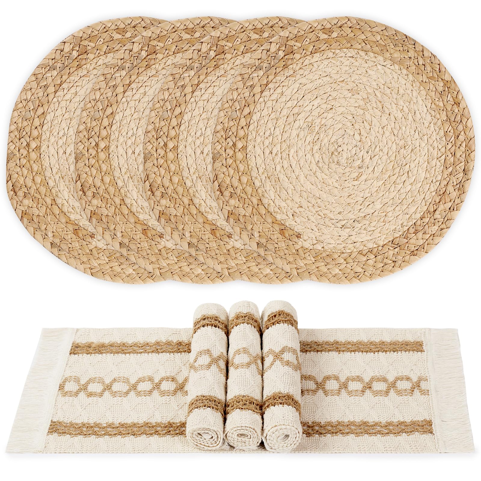 Boho Placemats Set of 6, Farmhouse Rustic Woven Placemats for Dining Table Decor, Handmade Braided Place Mats in Natural Cotton Jute and Water Straw for Kitchen Table