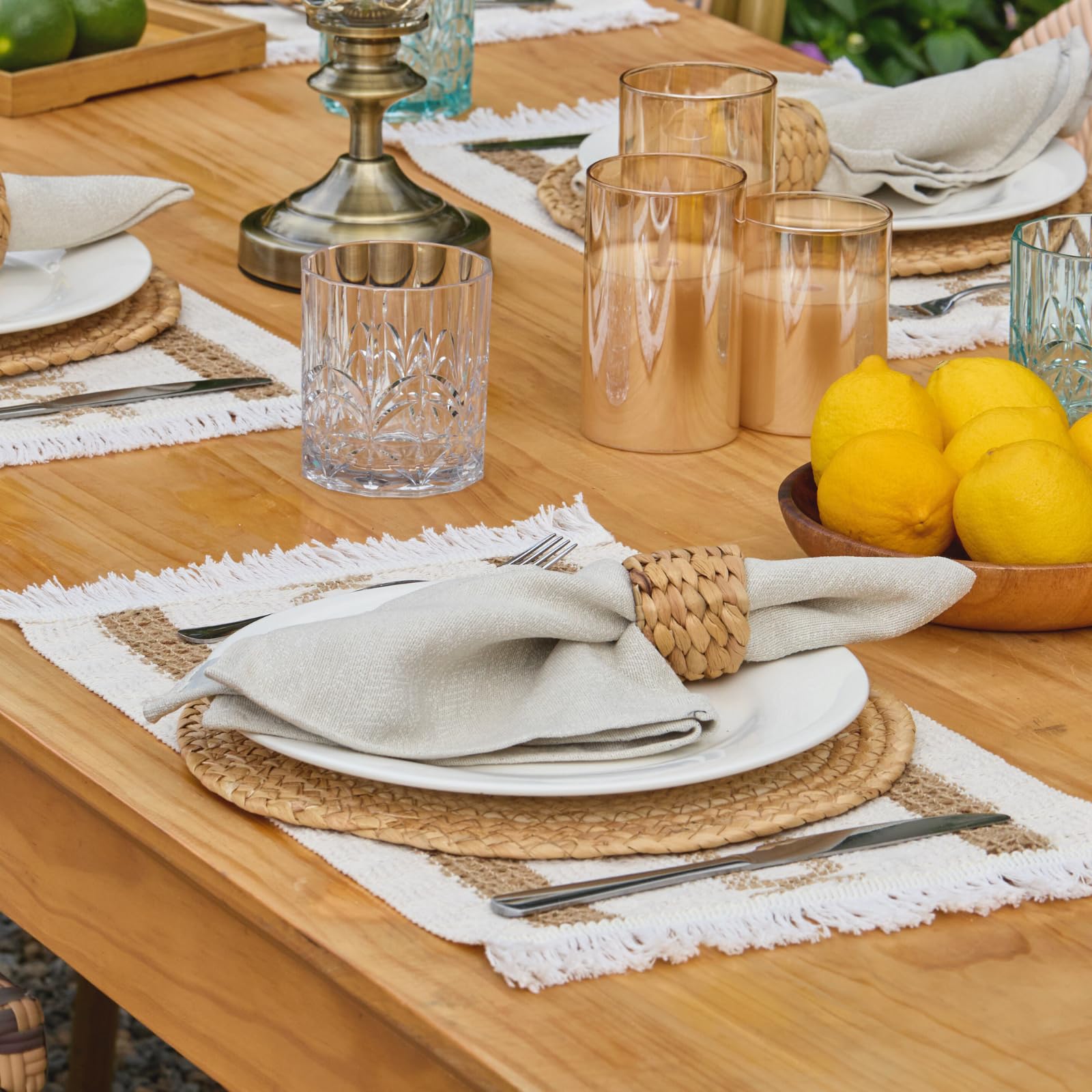 Boho Placemats Set of 6, Farmhouse Rustic Woven Placemats for Dining Table Decor, Handmade Braided Place Mats in Natural Cotton Jute and Water Straw for Kitchen Table