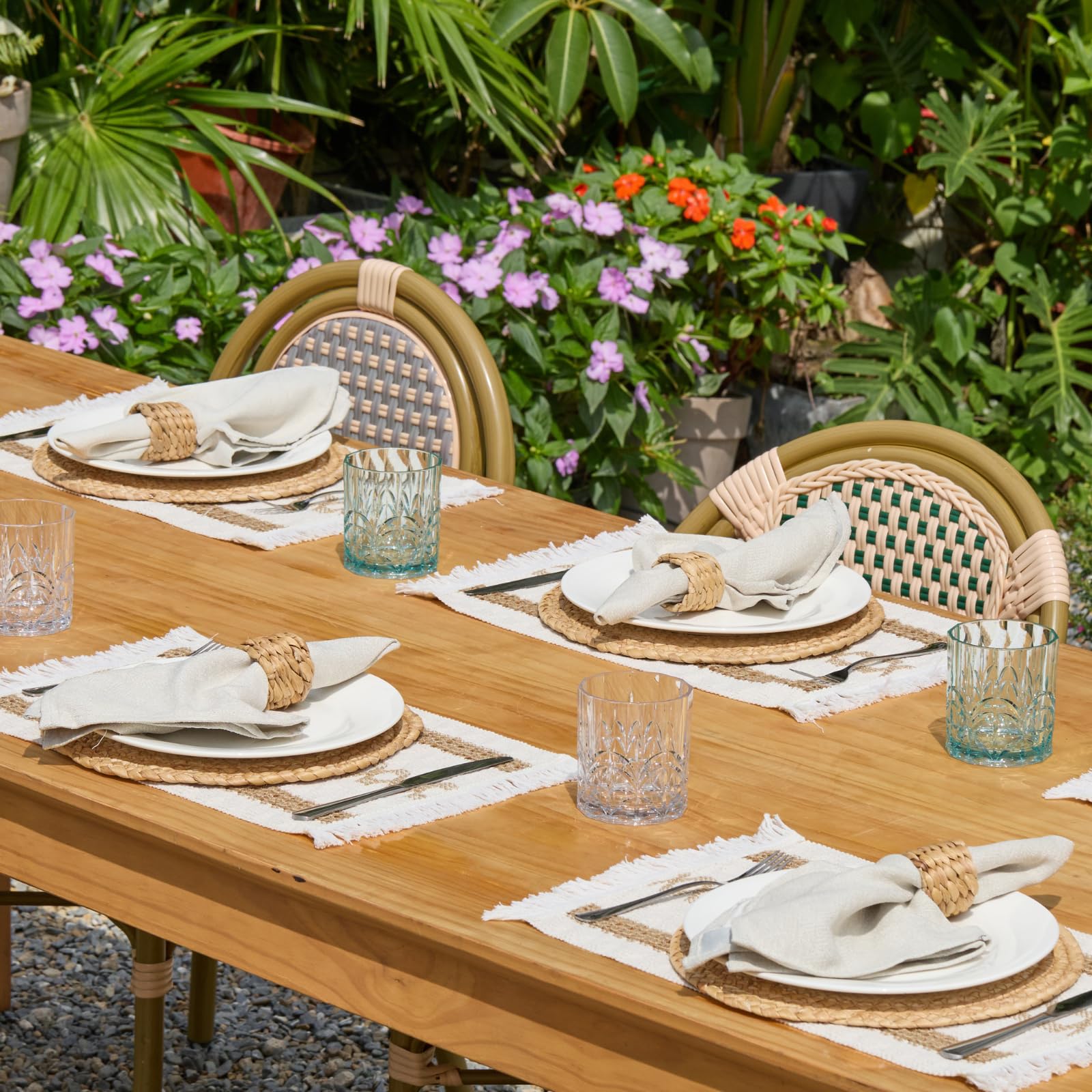 Boho Placemats Set of 6, Farmhouse Rustic Woven Placemats for Dining Table Decor, Handmade Braided Place Mats in Natural Cotton Jute and Water Straw for Kitchen Table
