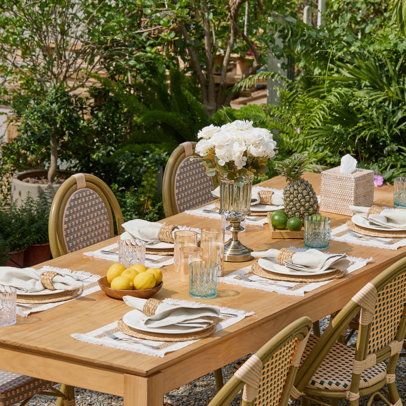 Boho Placemats Set of 6, Farmhouse Rustic Woven Placemats for Dining Table Decor, Handmade Braided Place Mats in Natural Cotton Jute and Water Straw for Kitchen Table
