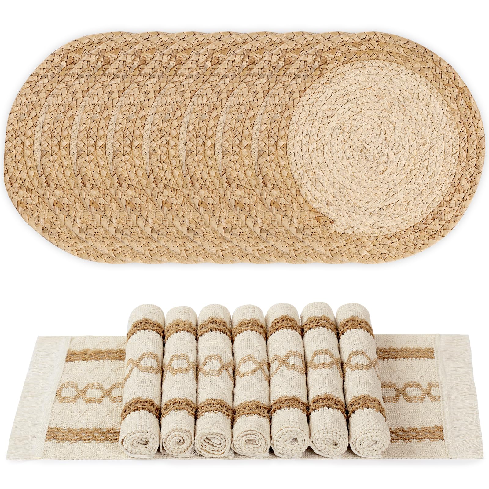 Boho Placemats Set of 6, Farmhouse Rustic Woven Placemats for Dining Table Decor, Handmade Braided Place Mats in Natural Cotton Jute and Water Straw for Kitchen Table