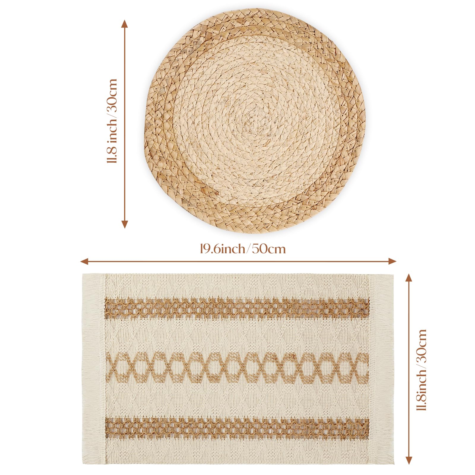 Boho Placemats Set of 6, Farmhouse Rustic Woven Placemats for Dining Table Decor, Handmade Braided Place Mats in Natural Cotton Jute and Water Straw for Kitchen Table