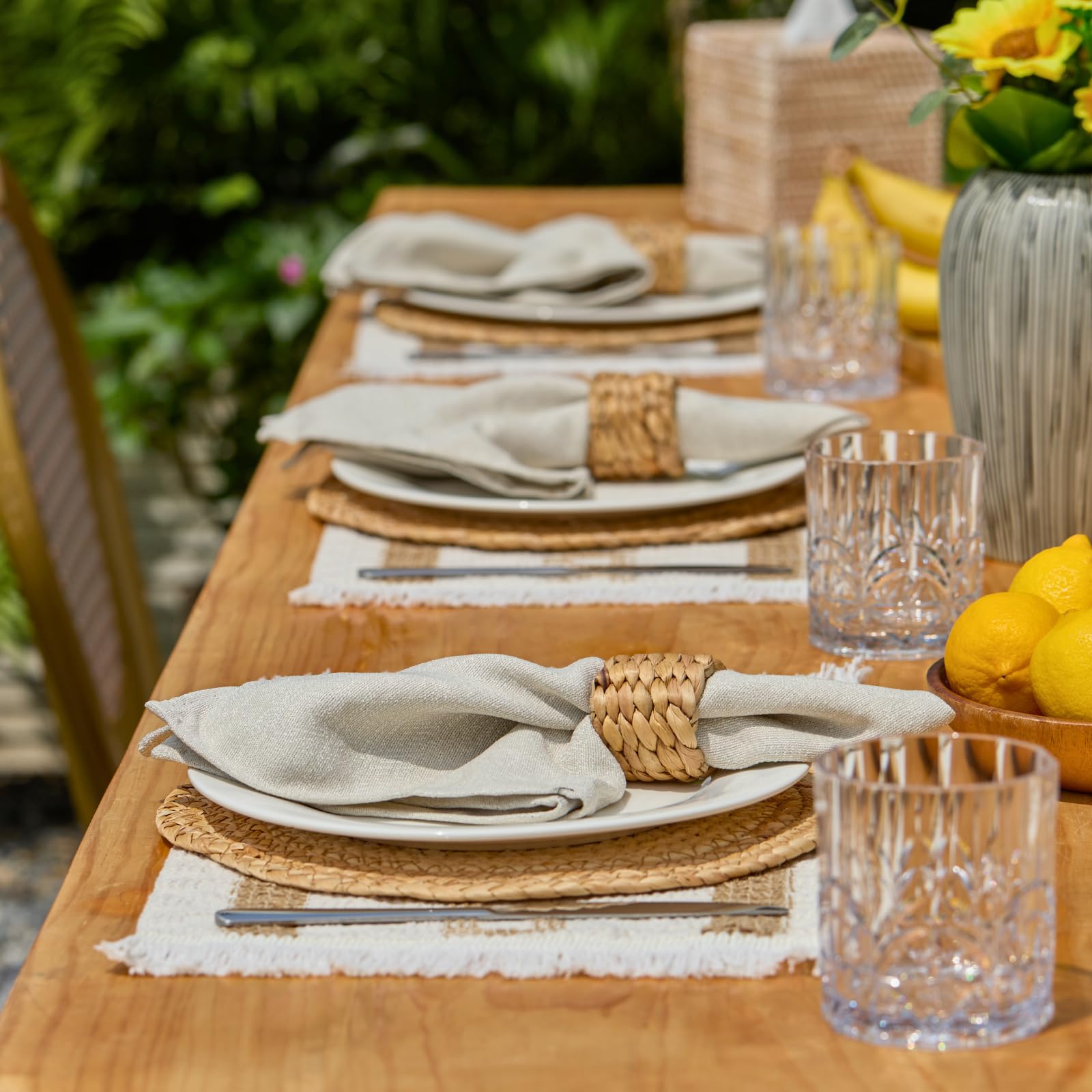 Boho Placemats Set of 6, Farmhouse Rustic Woven Placemats for Dining Table Decor, Handmade Braided Place Mats in Natural Cotton Jute and Water Straw for Kitchen Table
