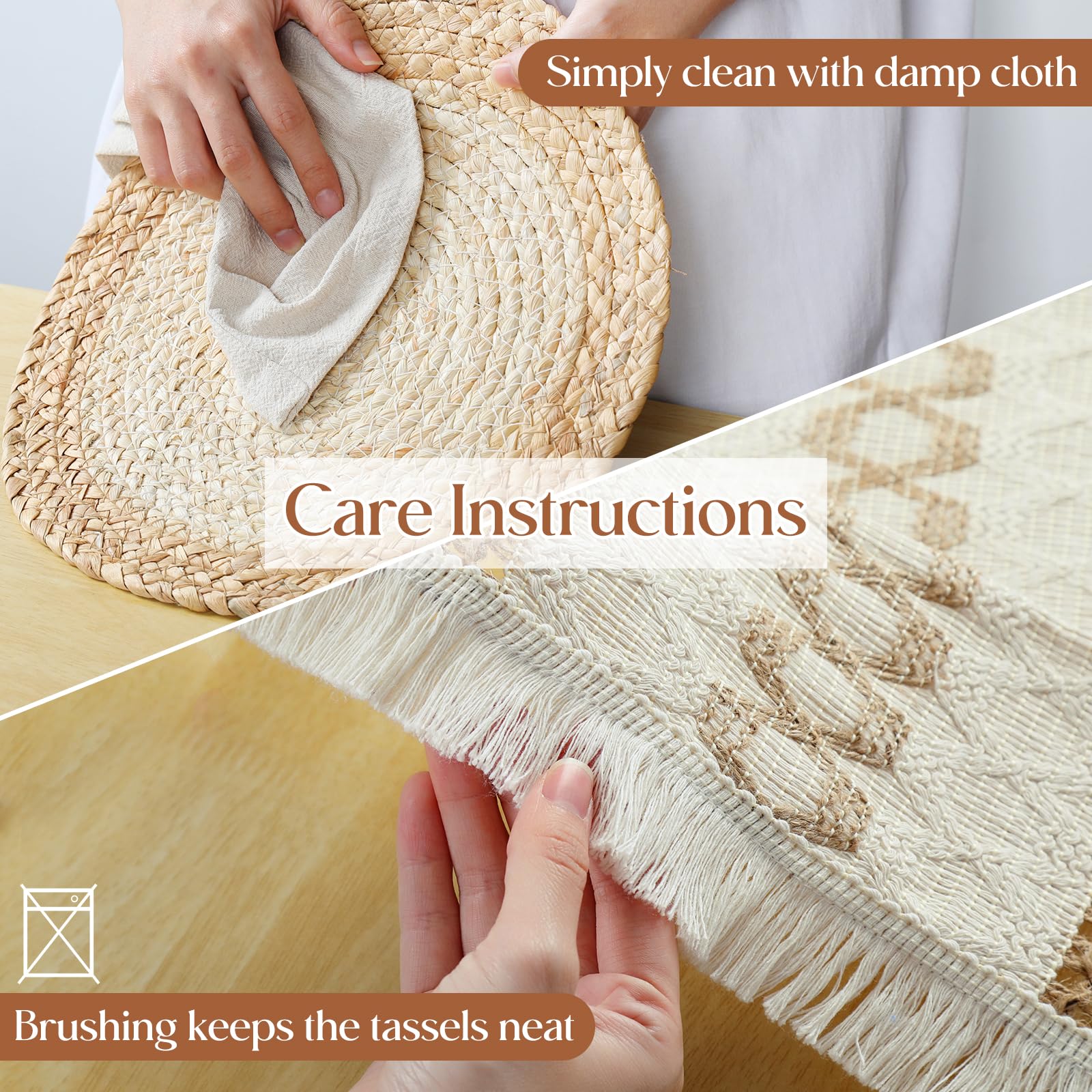 Boho Placemats Set of 6, Farmhouse Rustic Woven Placemats for Dining Table Decor, Handmade Braided Place Mats in Natural Cotton Jute and Water Straw for Kitchen Table