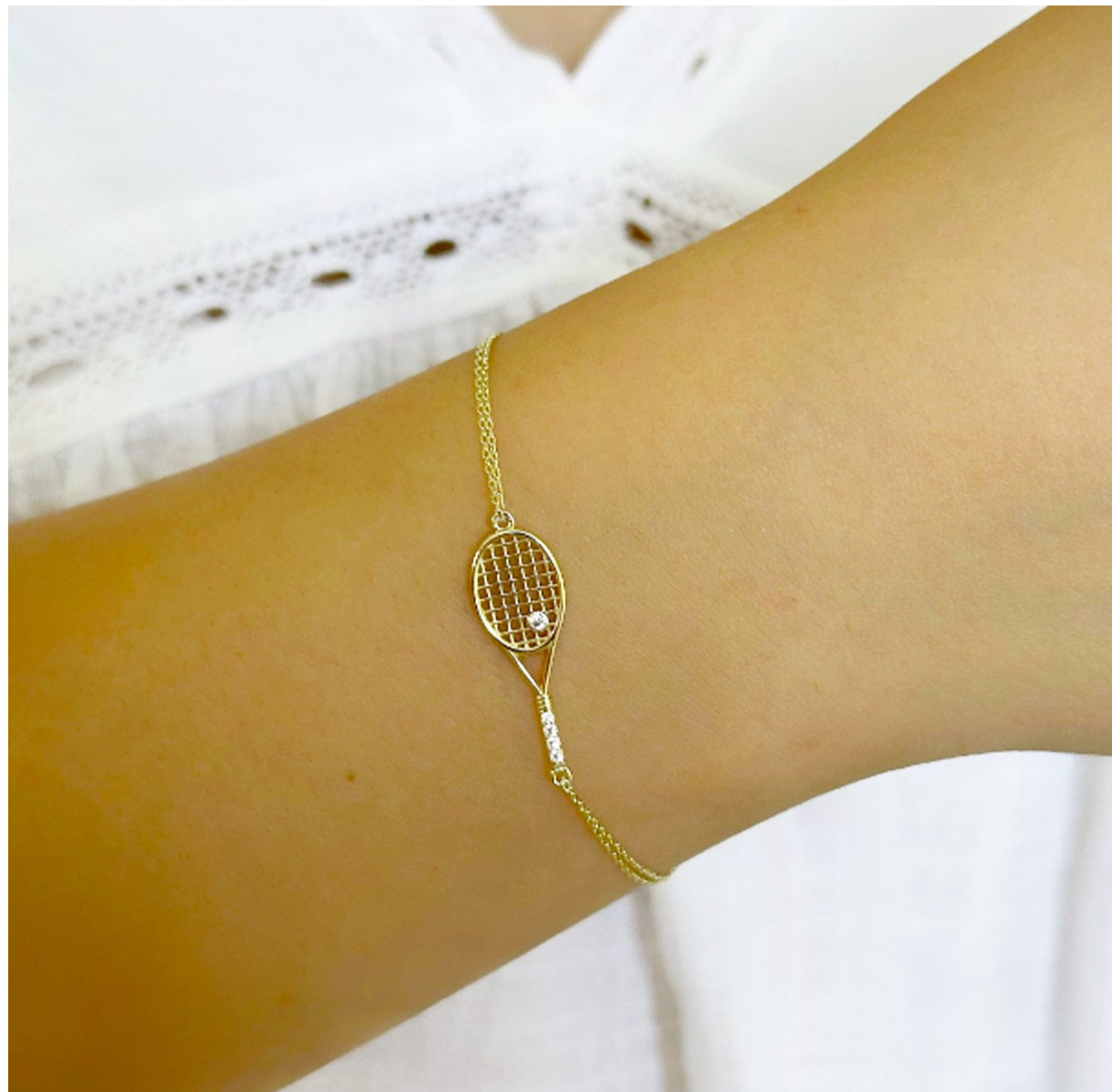14K Solid Gold Tennis Racket Charm Bracelet