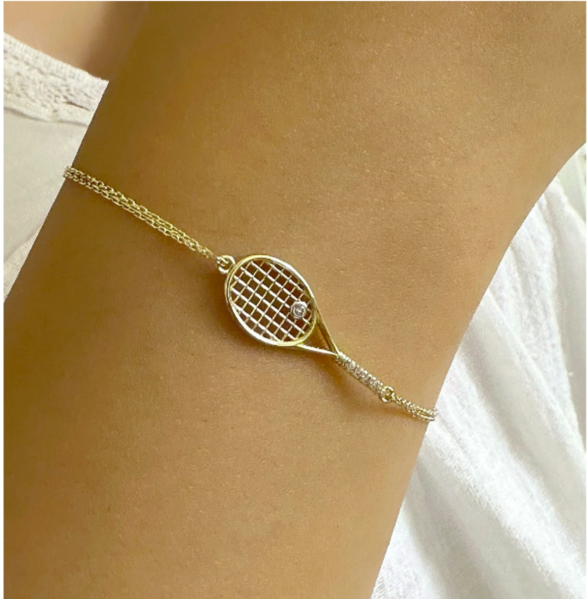 14K Solid Gold Tennis Racket Charm Bracelet