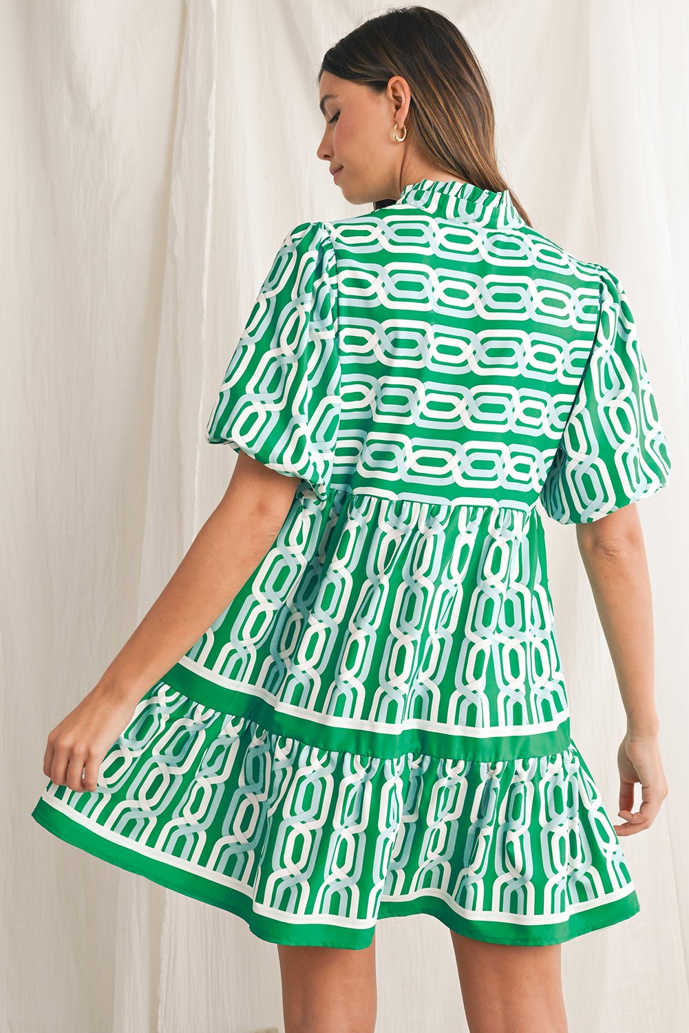 Bright Green Abstract Print Puff Sleeve Pop of Color Neckline Dress