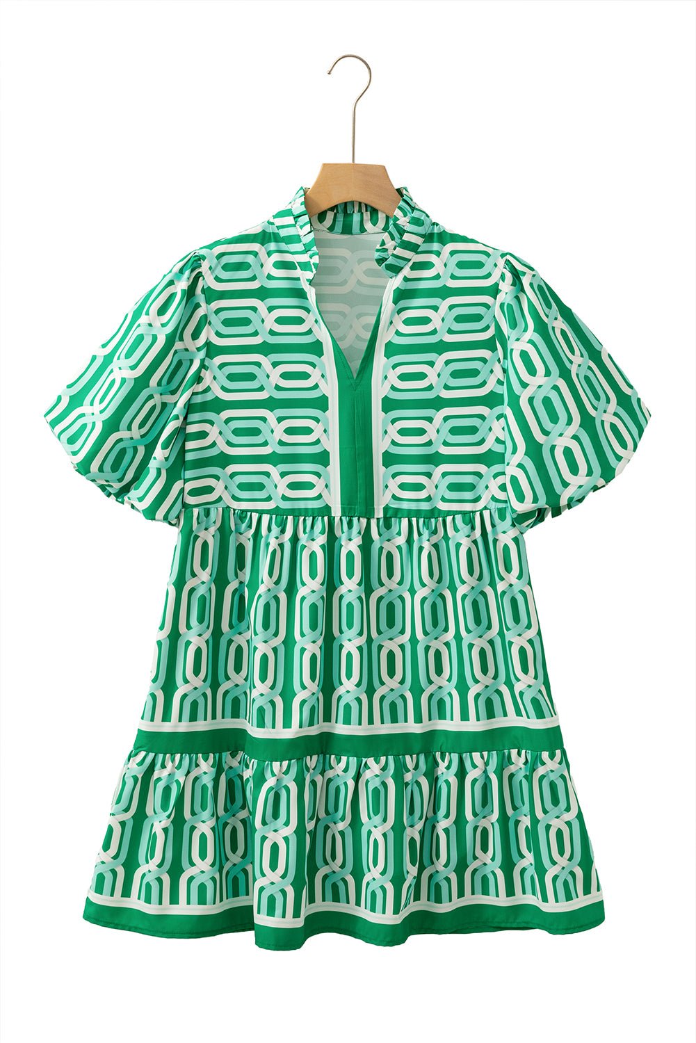 Bright Green Abstract Print Puff Sleeve Pop of Color Neckline Dress