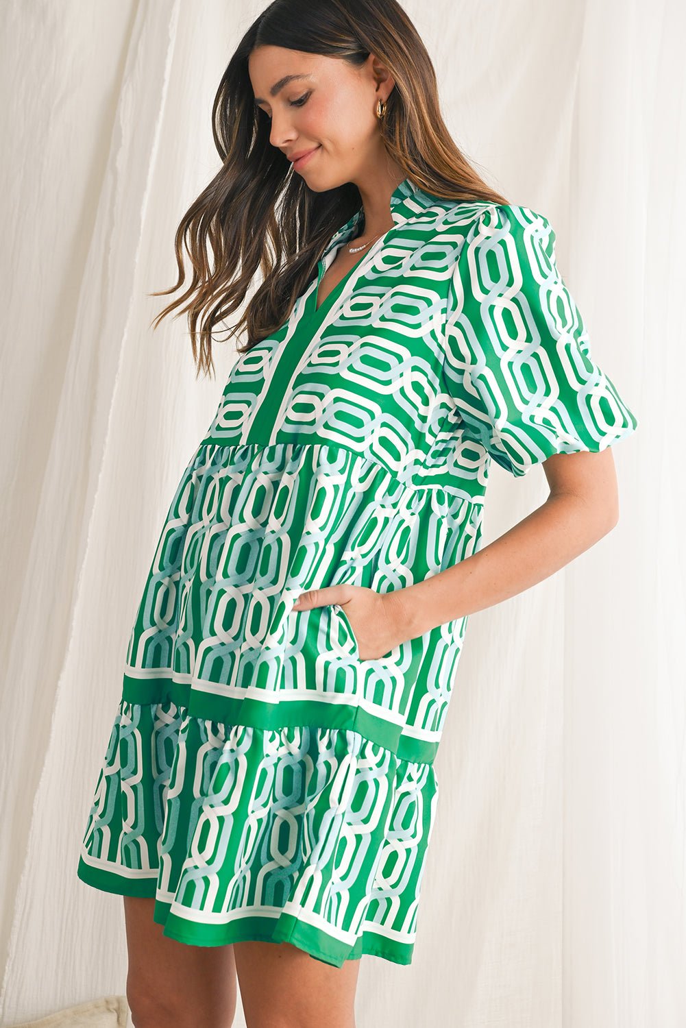 Bright Green Abstract Print Puff Sleeve Pop of Color Neckline Dress