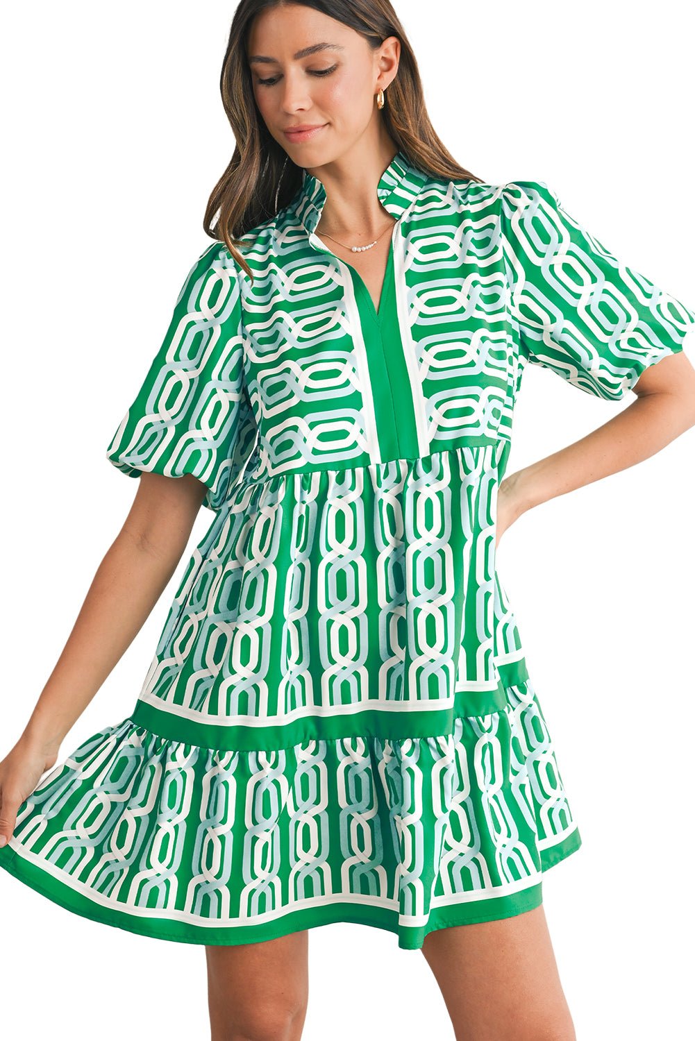 Bright Green Abstract Print Puff Sleeve Pop of Color Neckline Dress