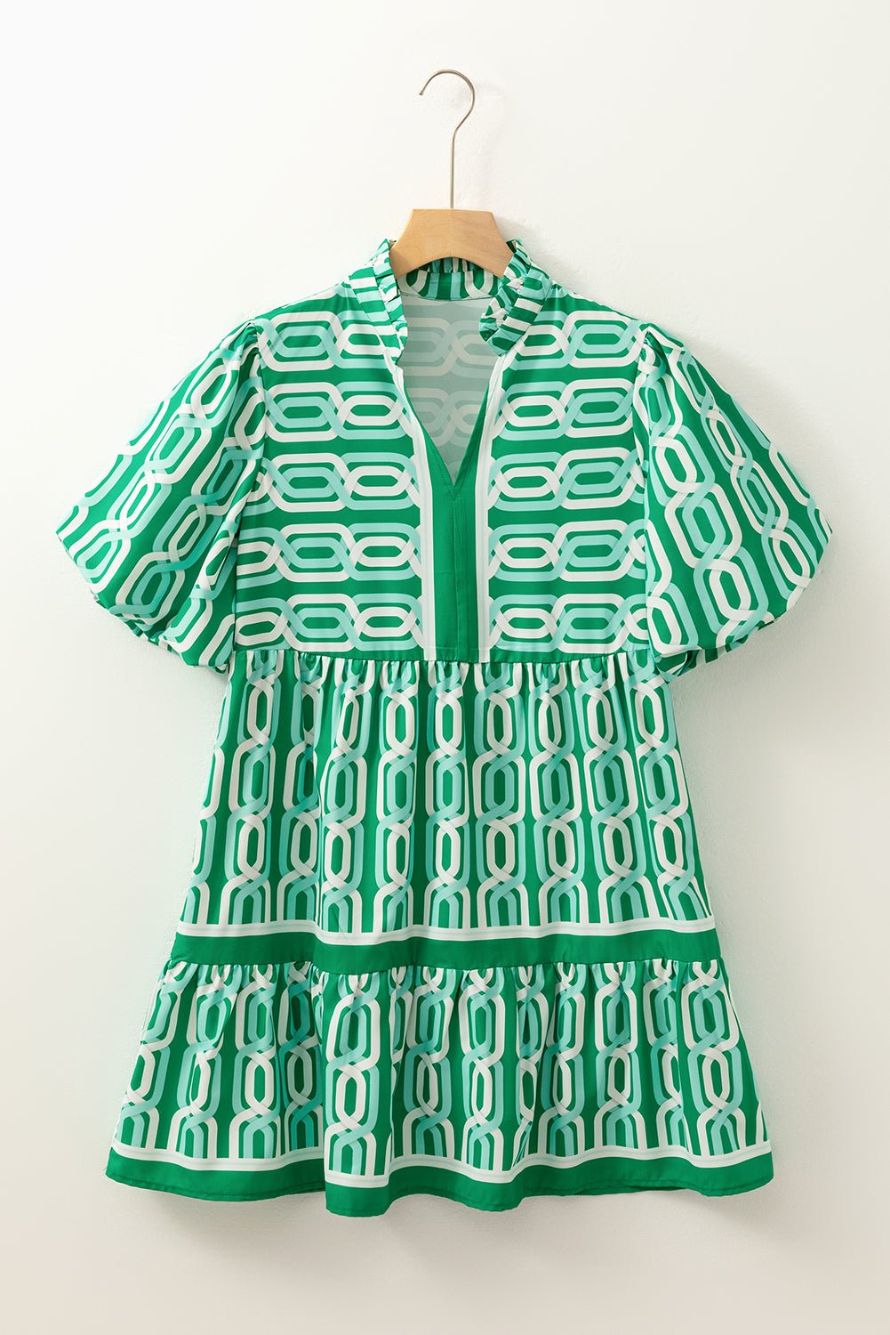 Bright Green Abstract Print Puff Sleeve Pop of Color Neckline Dress