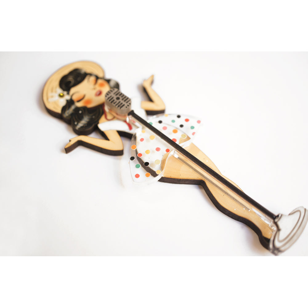 Pin-up Singer Standing w/ Microphone Brooch by Laliblue