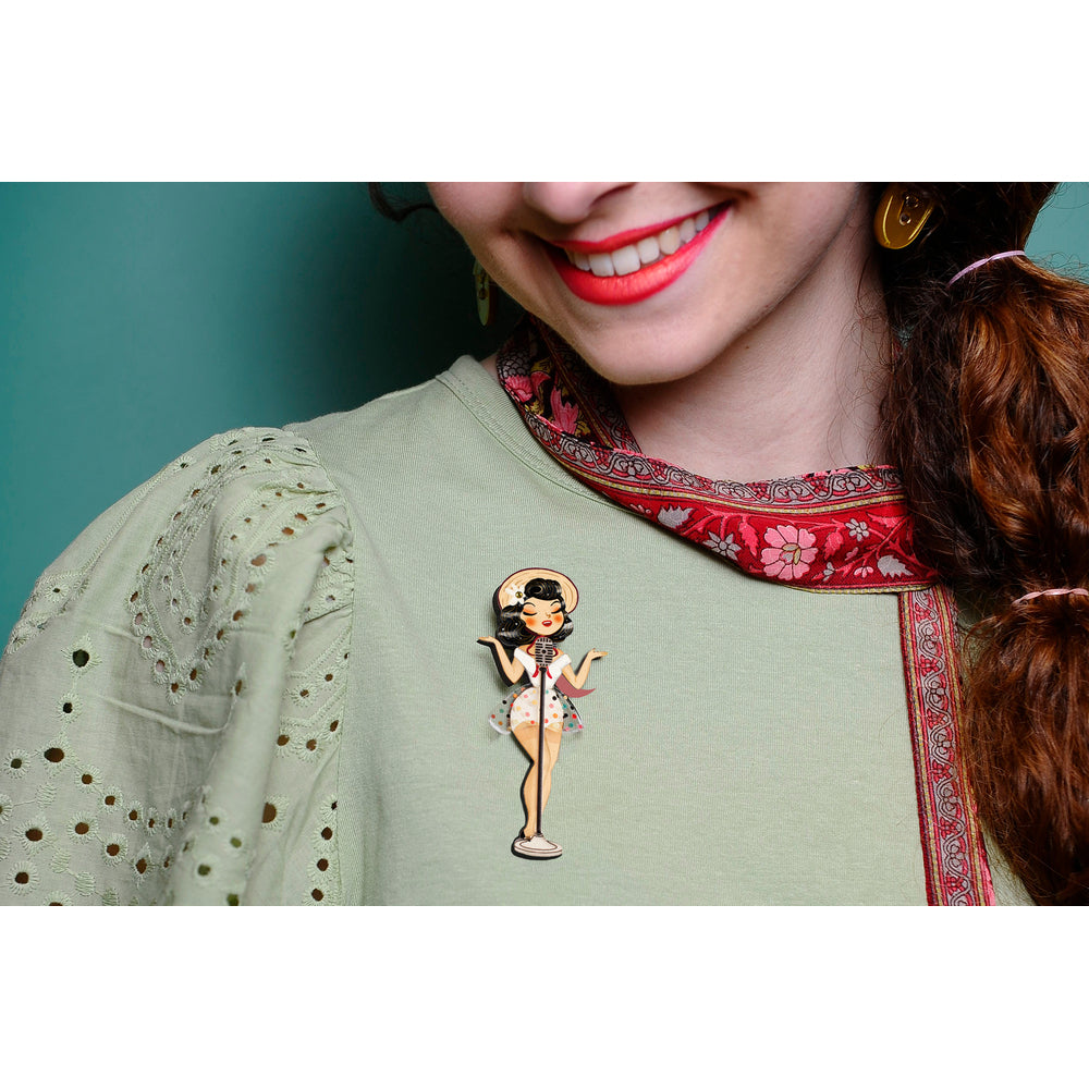 Pin-up Singer Standing w/ Microphone Brooch by Laliblue