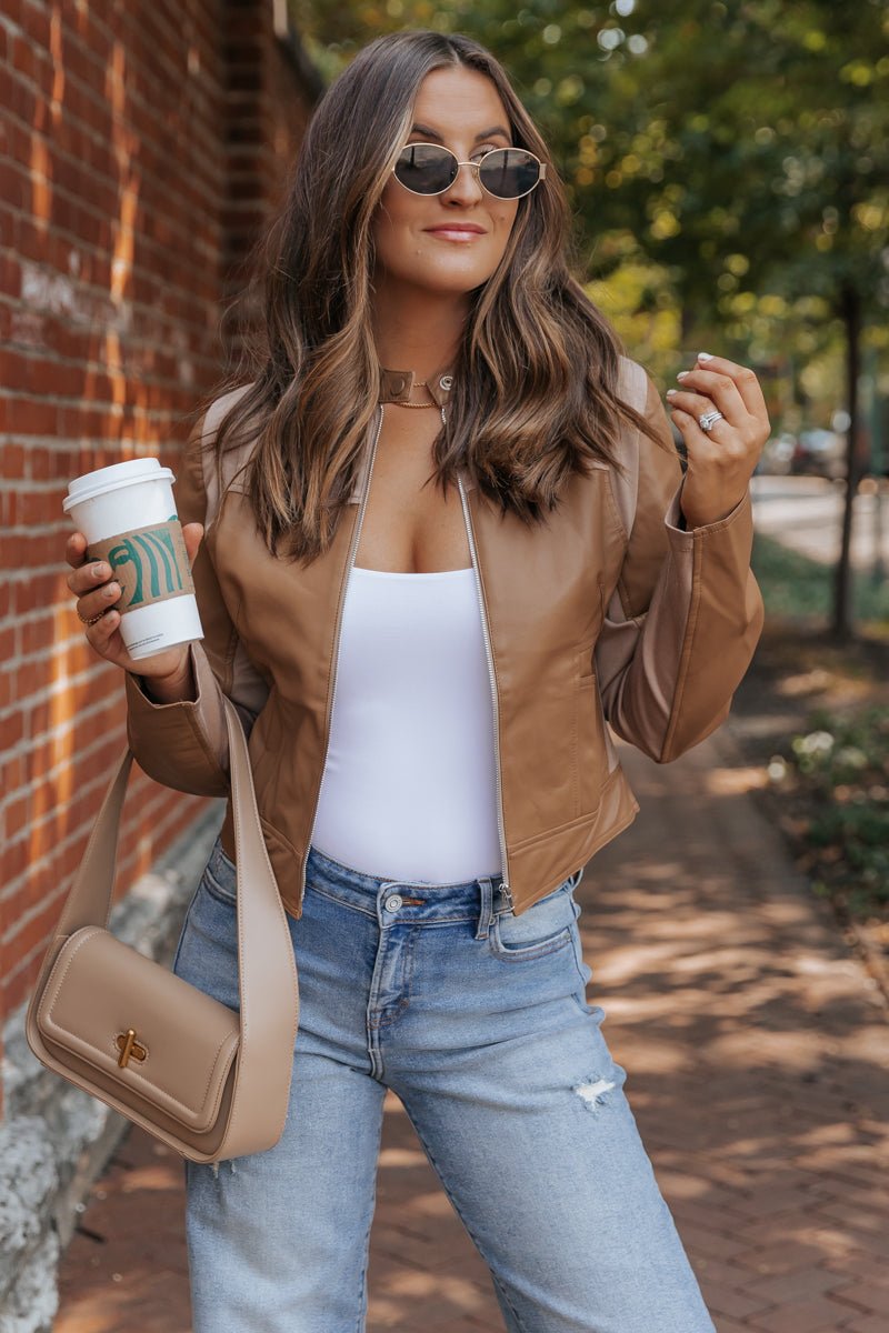 Brown Two Tone Faux Leather Jacket - FINAL SALE