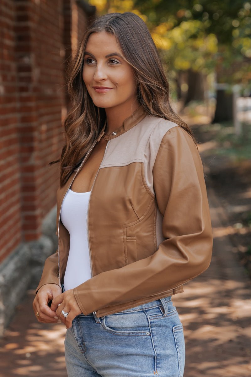 Brown Two Tone Faux Leather Jacket - FINAL SALE