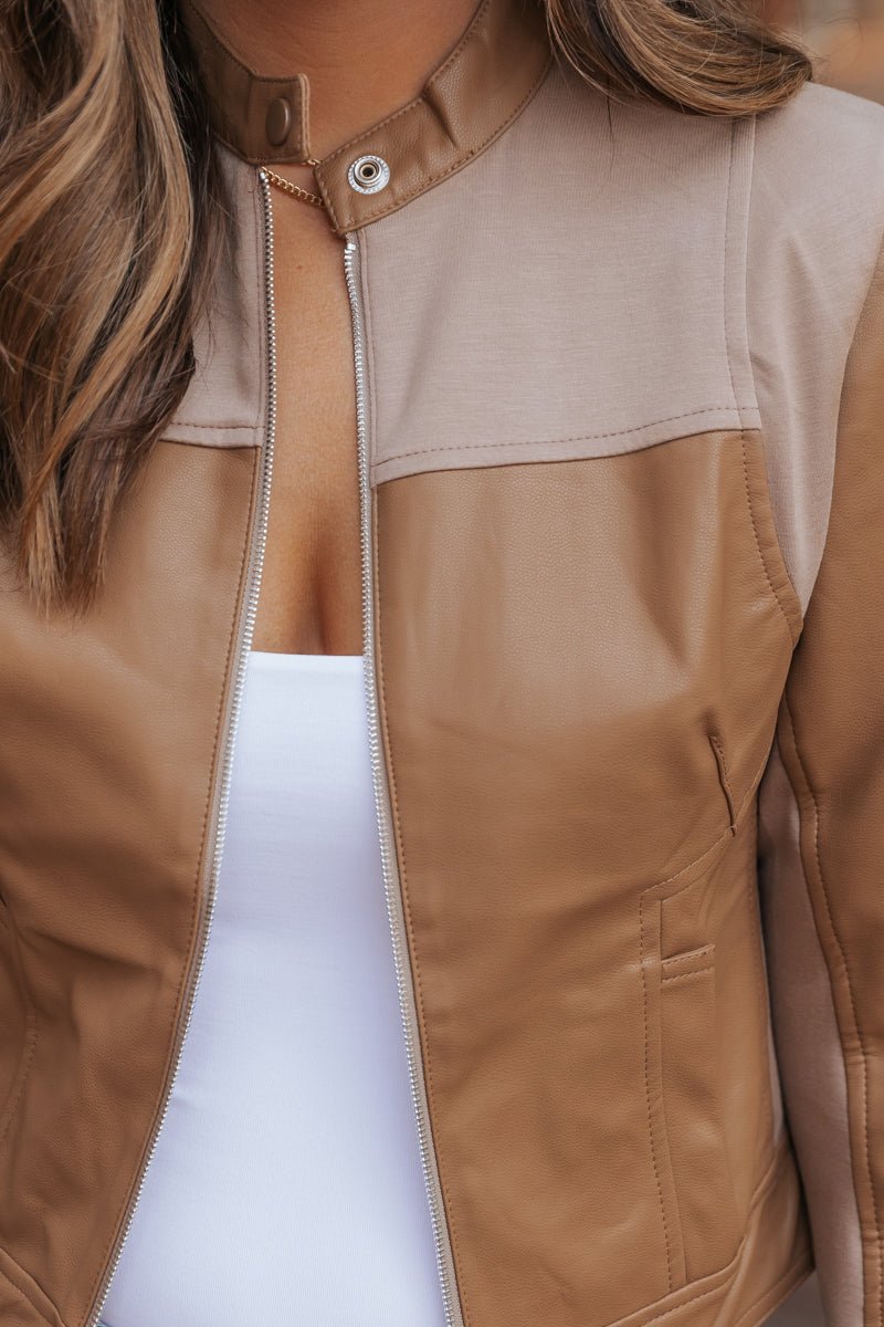 Brown Two Tone Faux Leather Jacket - FINAL SALE