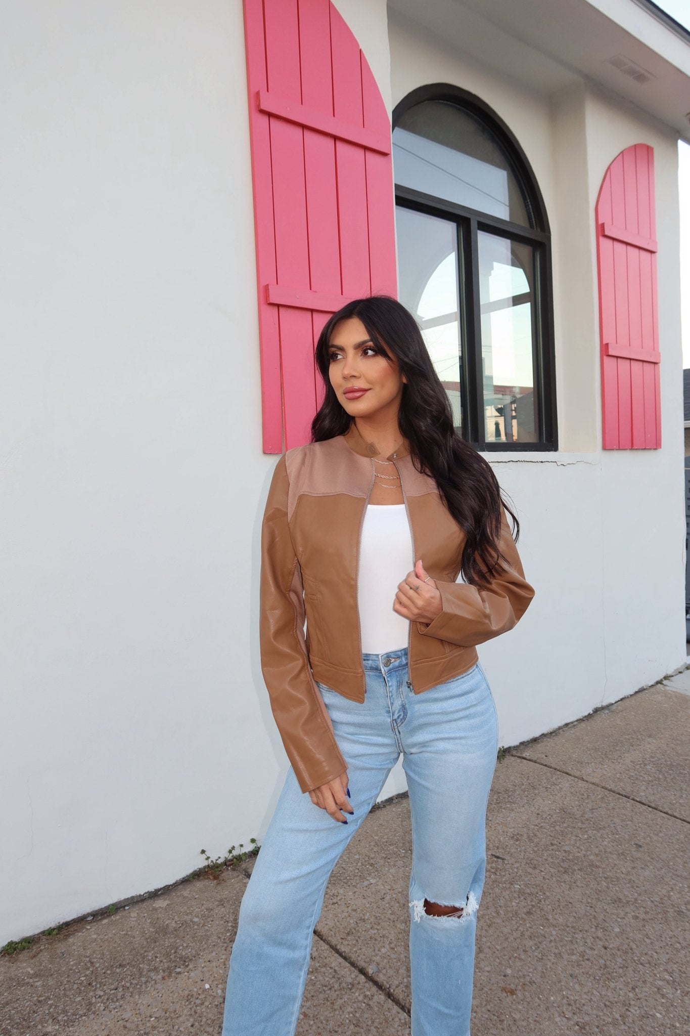 Brown Two Tone Faux Leather Jacket - FINAL SALE