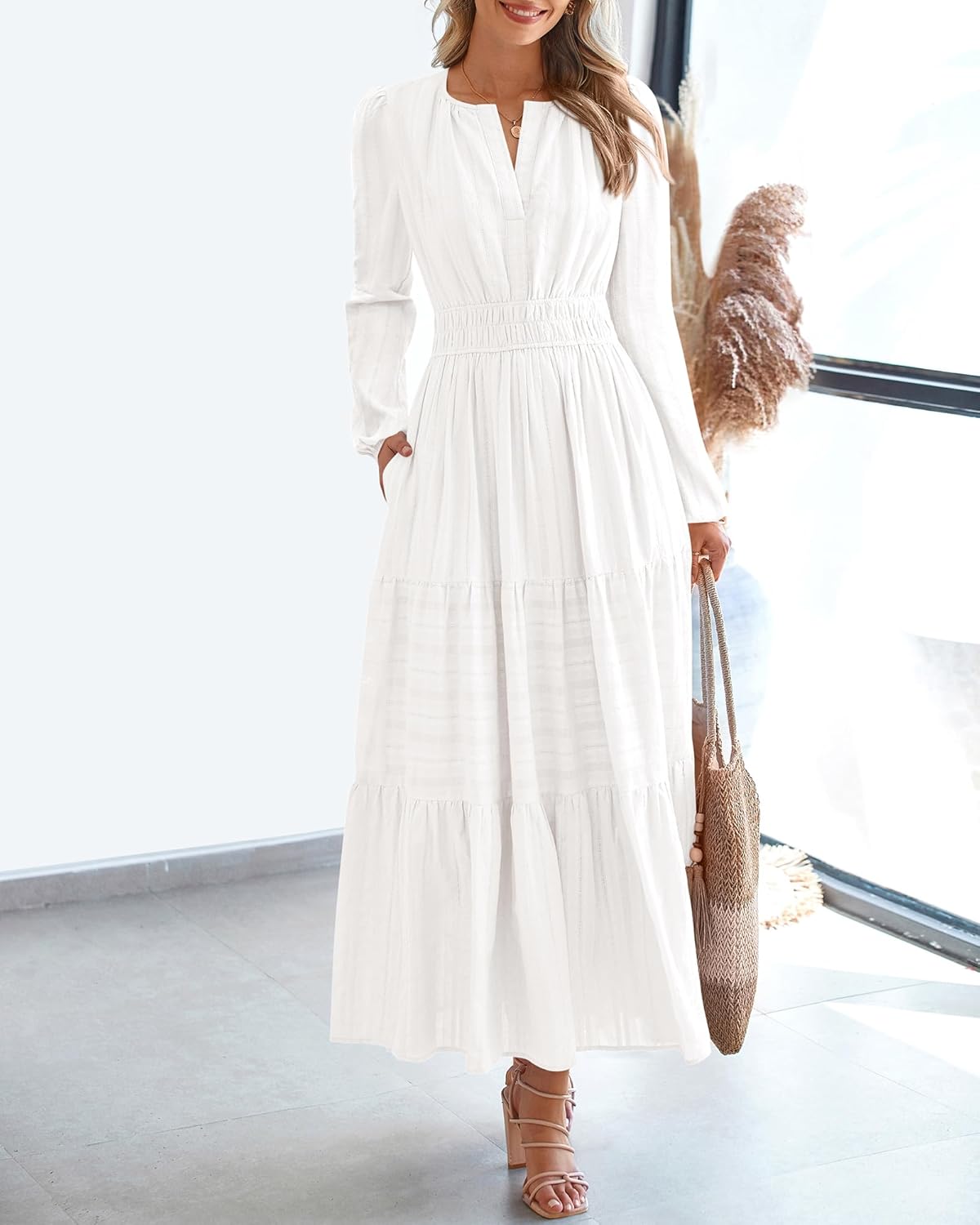 BTFBM Fall Dresses for Women 2025 Casual Long Sleeve V Neck Elastic Waist Lightweight Maxi Wedding Guest Dress Pockets