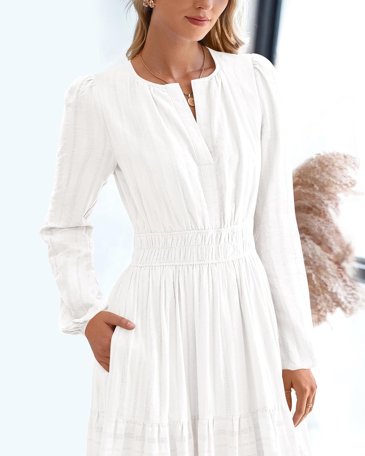 BTFBM Fall Dresses for Women 2025 Casual Long Sleeve V Neck Elastic Waist Lightweight Maxi Wedding Guest Dress Pockets