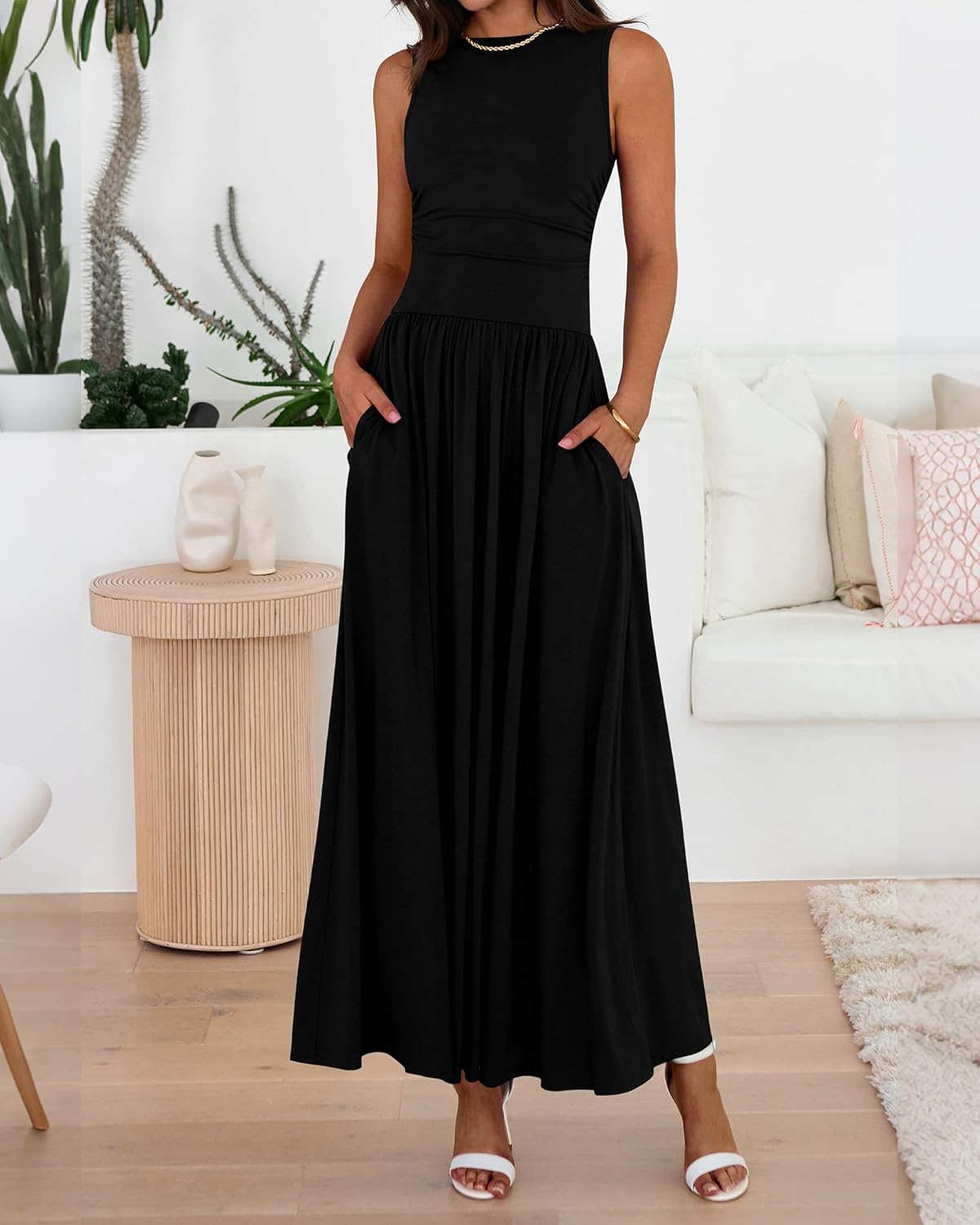BTFBM Summer Maxi Dresses for Women 2025 Sleeveless Casual Ruched High Waisted Tank Long Sundress Flowy Beach Fall Dress