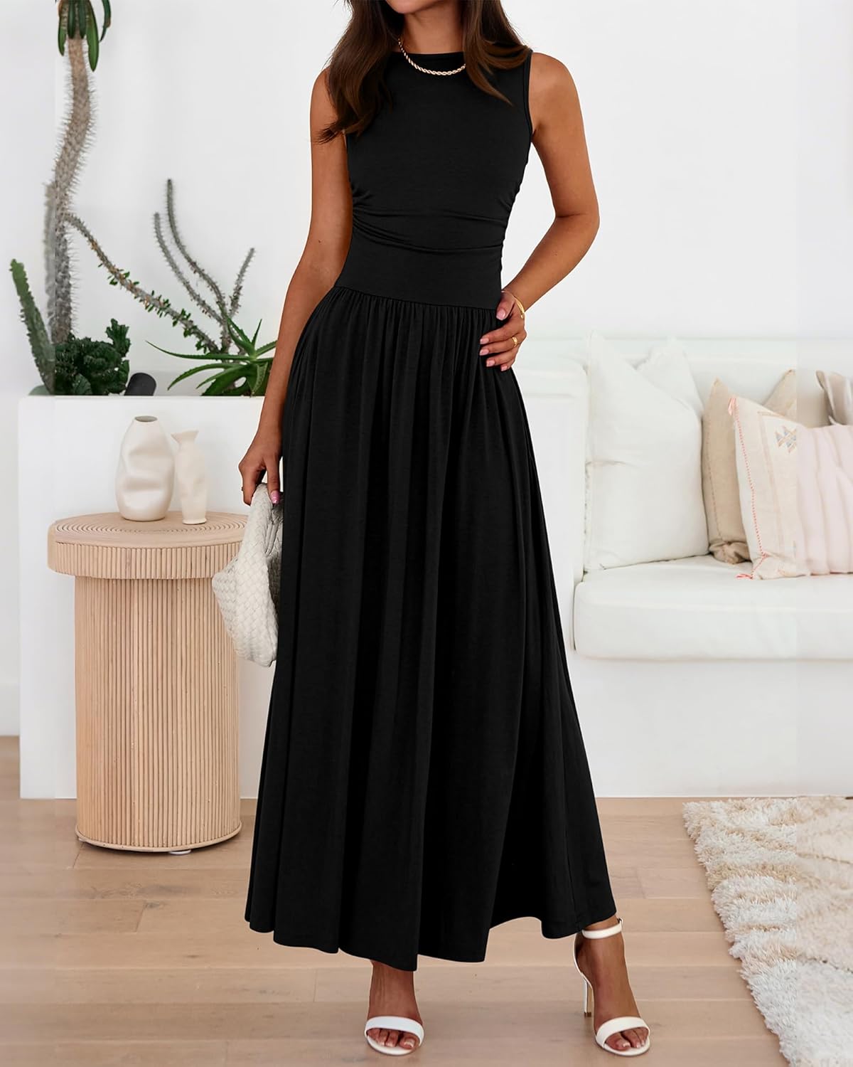 BTFBM Summer Maxi Dresses for Women 2025 Sleeveless Casual Ruched High Waisted Tank Long Sundress Flowy Beach Fall Dress