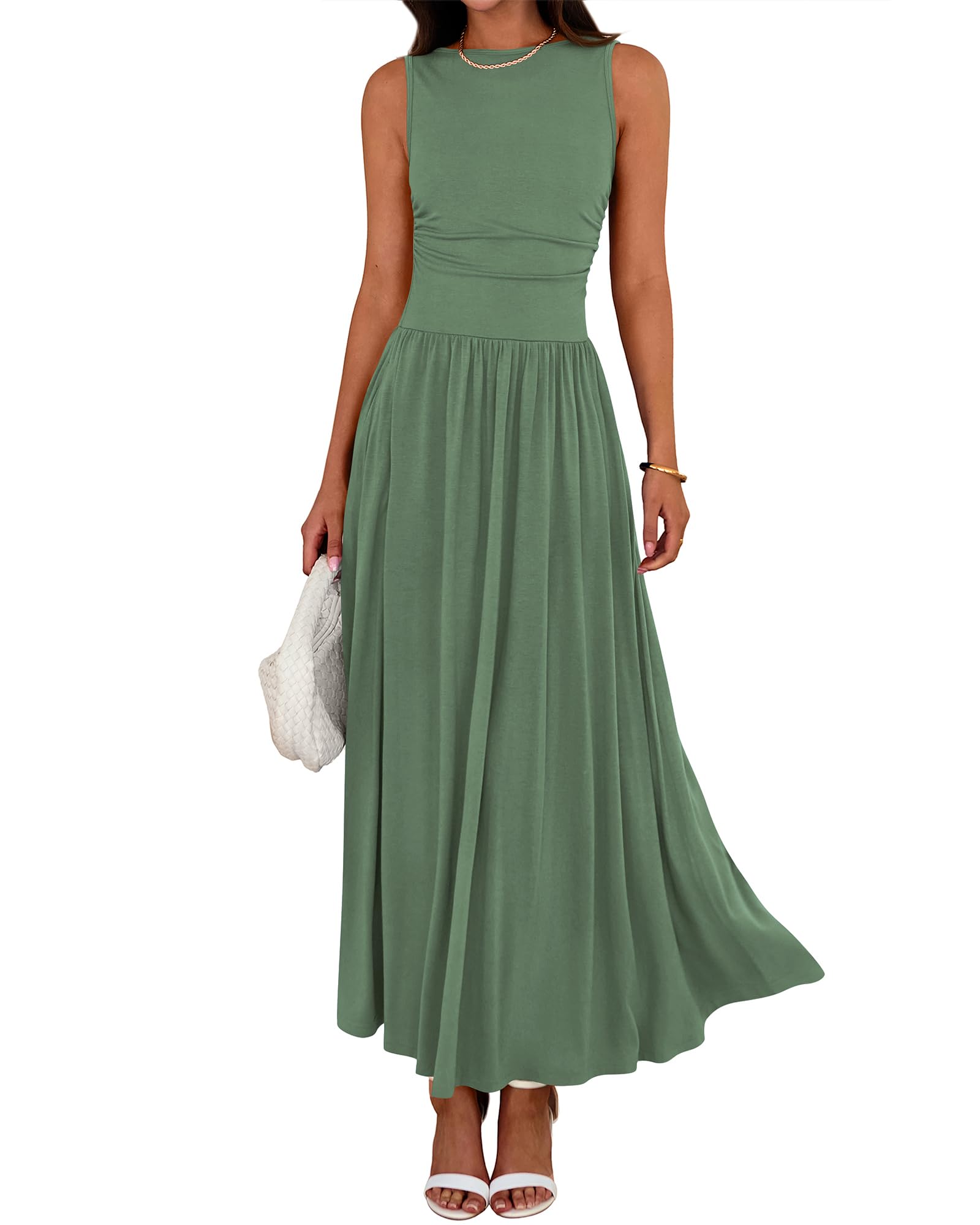 BTFBM Summer Maxi Dresses for Women 2025 Sleeveless Casual Ruched High Waisted Tank Long Sundress Flowy Beach Fall Dress