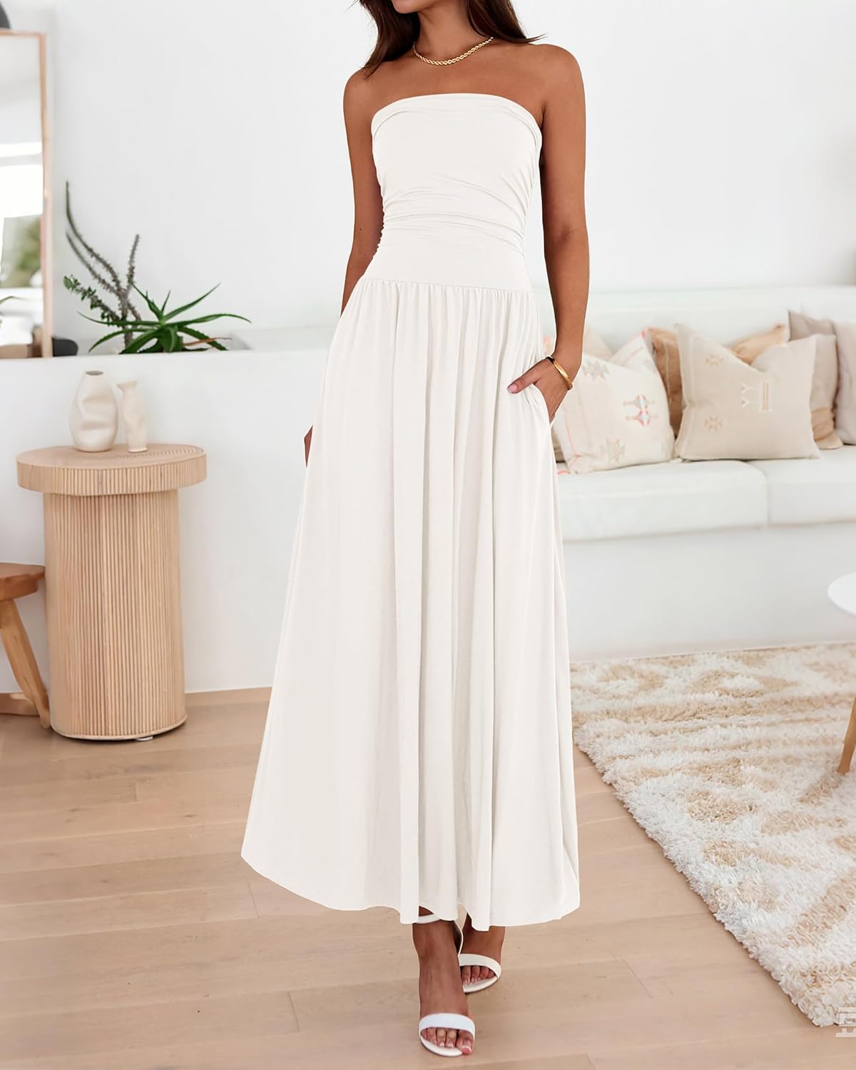 BTFBM Summer Maxi Dresses for Women 2025 Strapless Ruched Tube Top Flowy Beach Vacation Wedding Guest Fall Dress Pockets