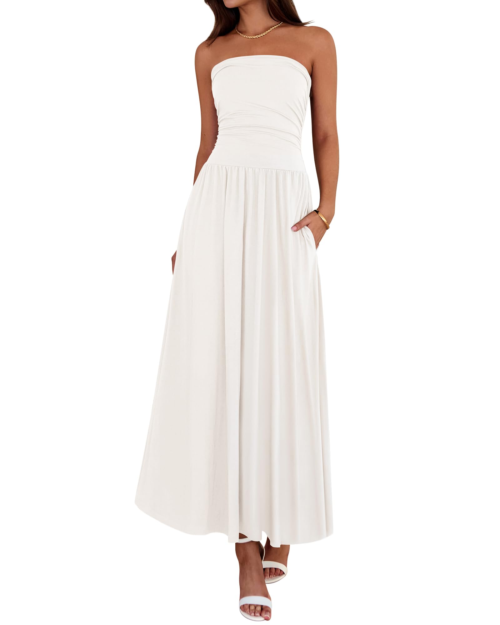 BTFBM Summer Maxi Dresses for Women 2025 Strapless Ruched Tube Top Flowy Beach Vacation Wedding Guest Fall Dress Pockets