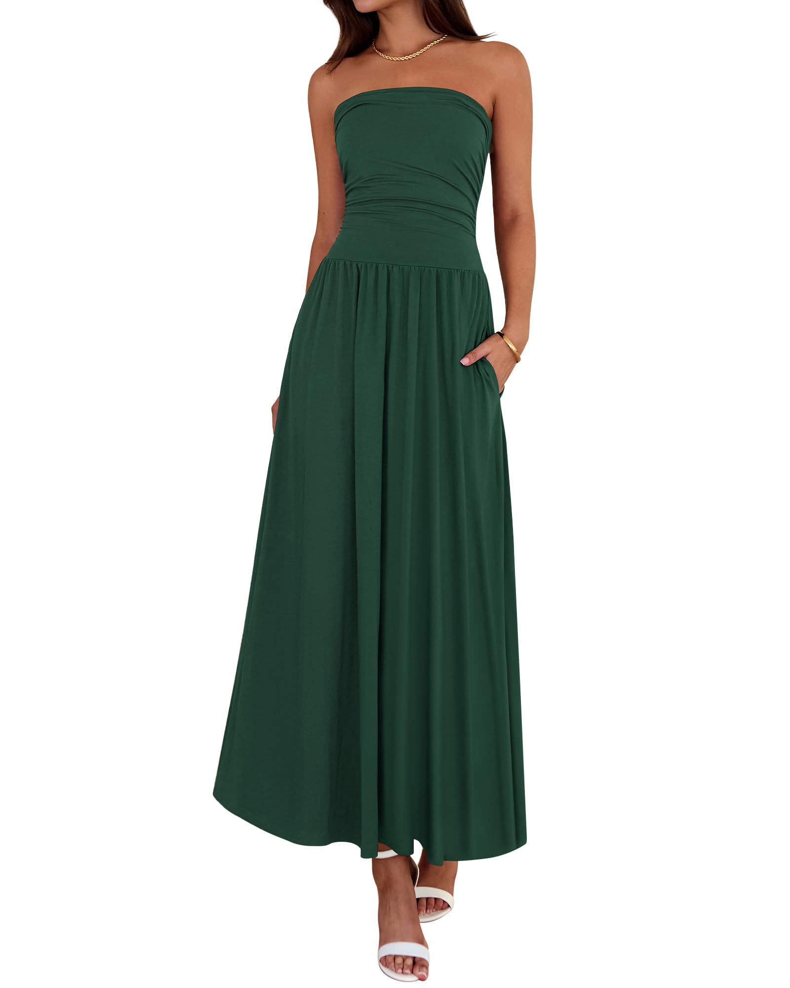 BTFBM Summer Maxi Dresses for Women 2025 Strapless Ruched Tube Top Flowy Beach Vacation Wedding Guest Fall Dress Pockets