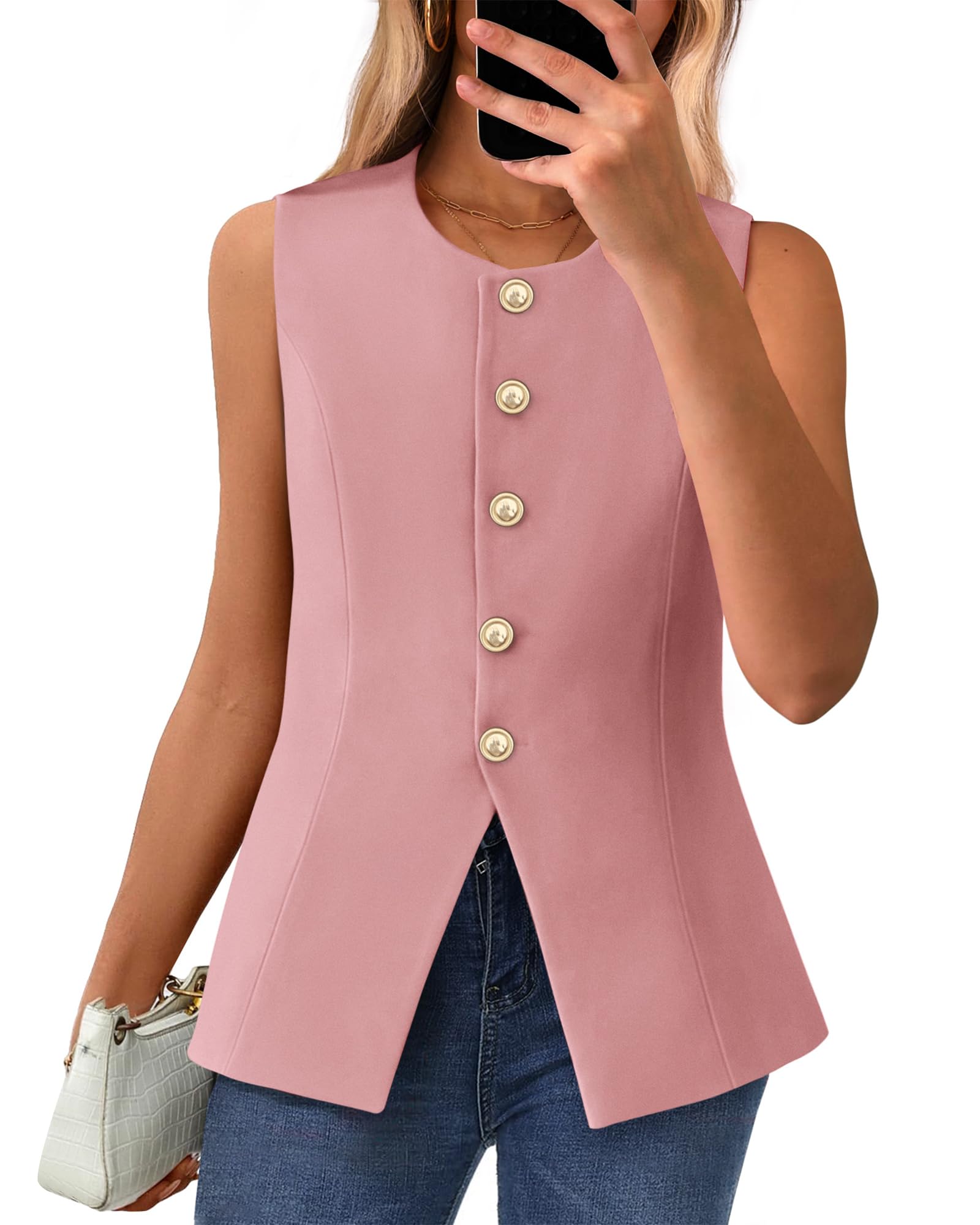 BTFBM Summer Sleeveless Blazer Vest For Women Dressy Button Down Round Neck Business Casual Outfits Work Suit Vests Tops