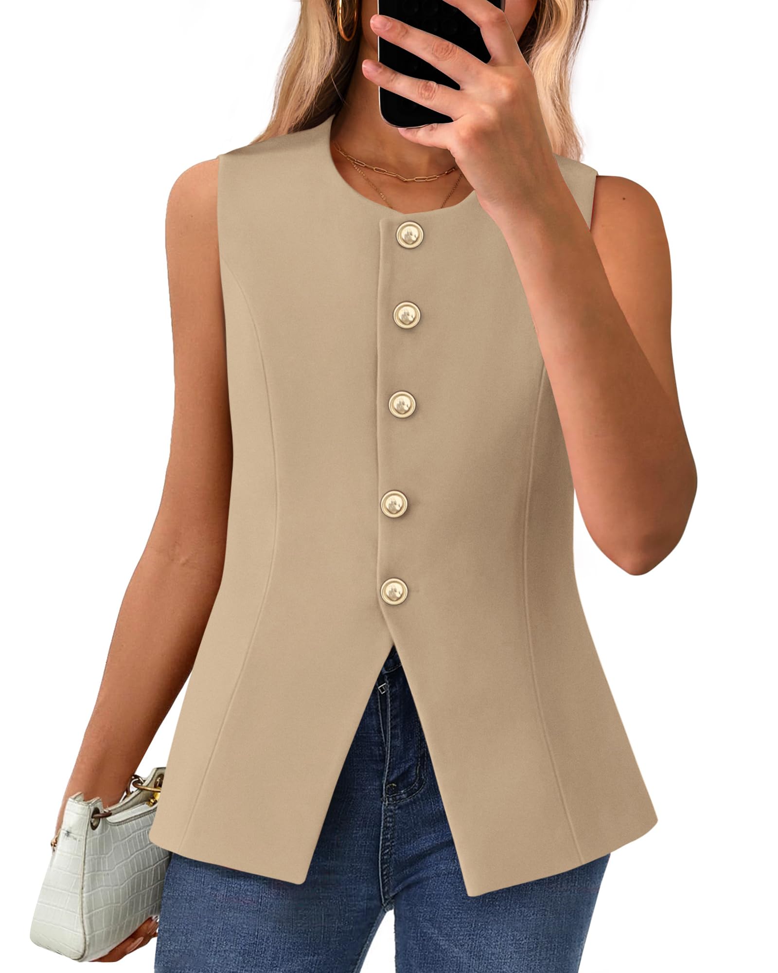 BTFBM Summer Sleeveless Blazer Vest For Women Dressy Button Down Round Neck Business Casual Outfits Work Suit Vests Tops