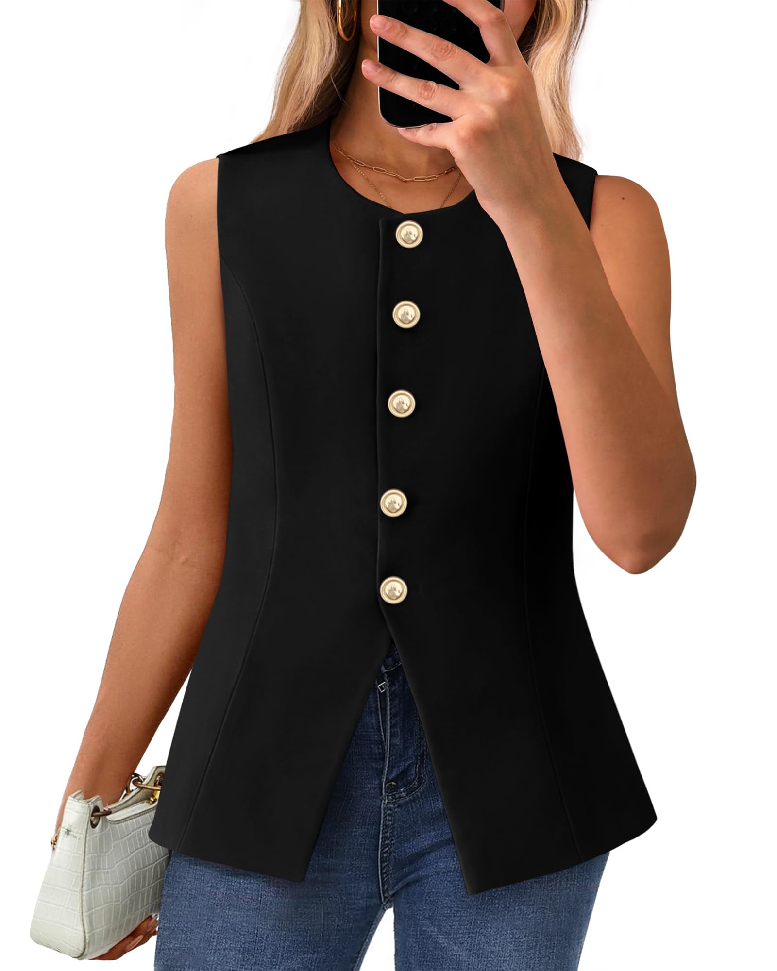 BTFBM Summer Sleeveless Blazer Vest For Women Dressy Button Down Round Neck Business Casual Outfits Work Suit Vests Tops