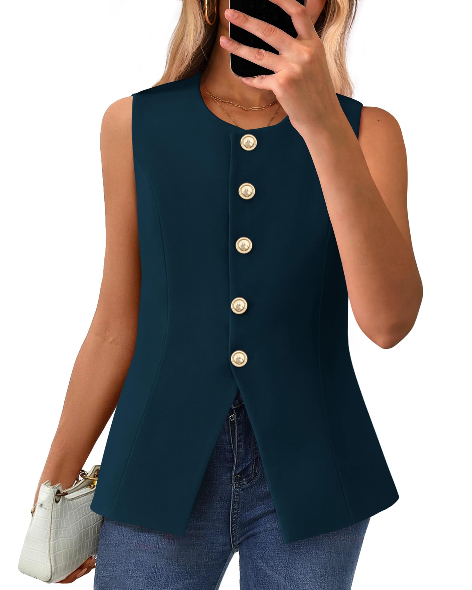 BTFBM Summer Sleeveless Blazer Vest For Women Dressy Button Down Round Neck Business Casual Outfits Work Suit Vests Tops