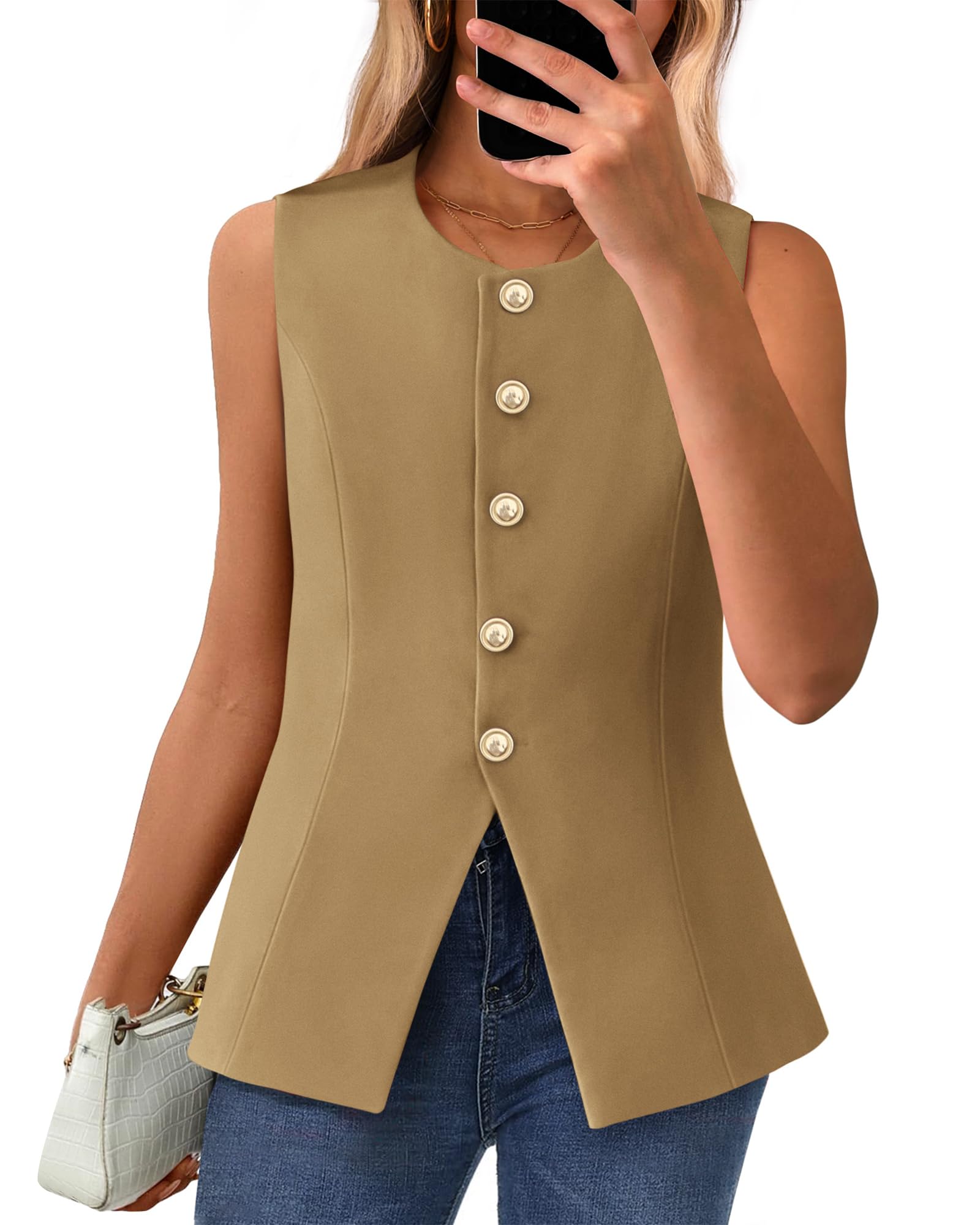 BTFBM Summer Sleeveless Blazer Vest For Women Dressy Button Down Round Neck Business Casual Outfits Work Suit Vests Tops