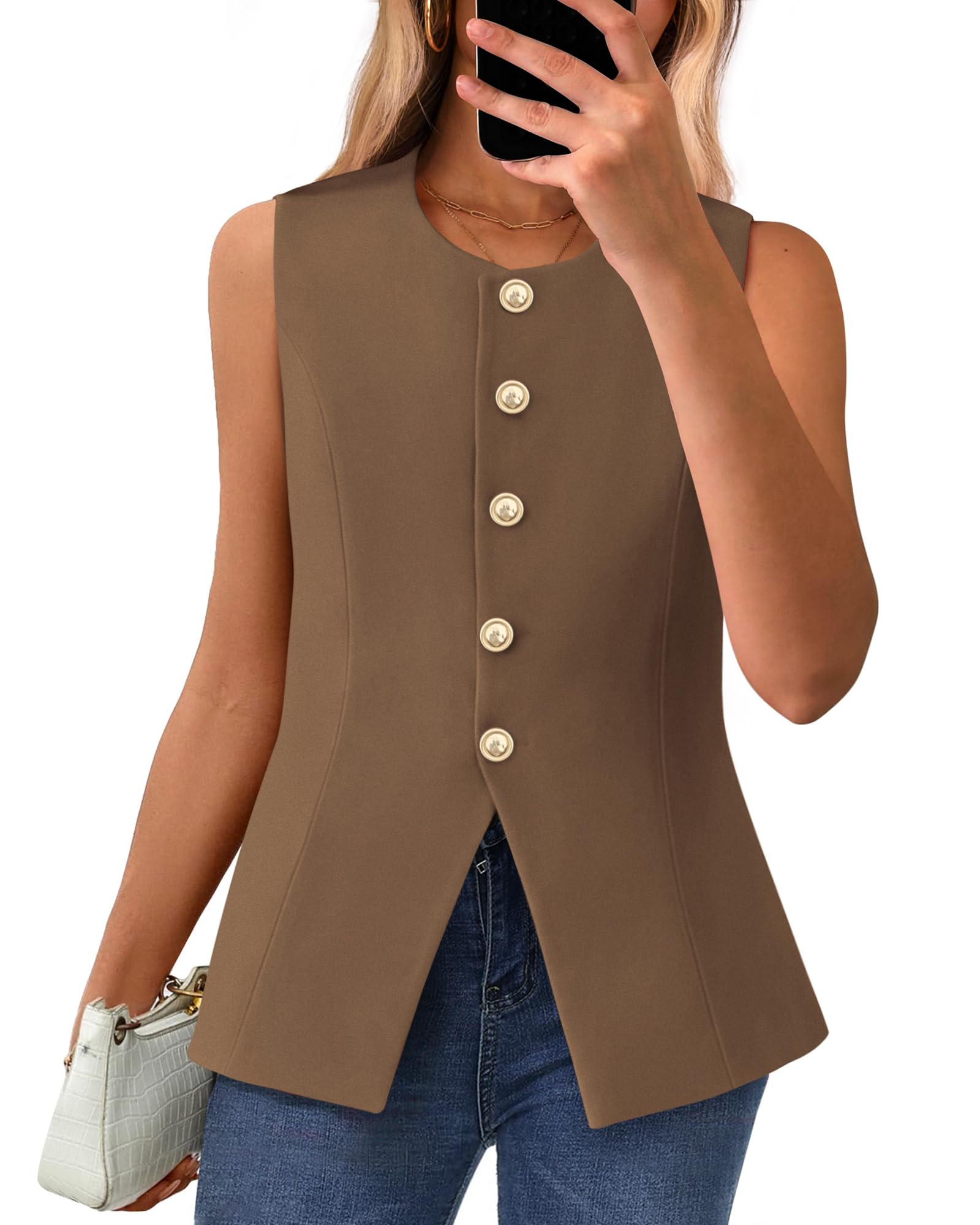 BTFBM Summer Sleeveless Blazer Vest For Women Dressy Button Down Round Neck Business Casual Outfits Work Suit Vests Tops