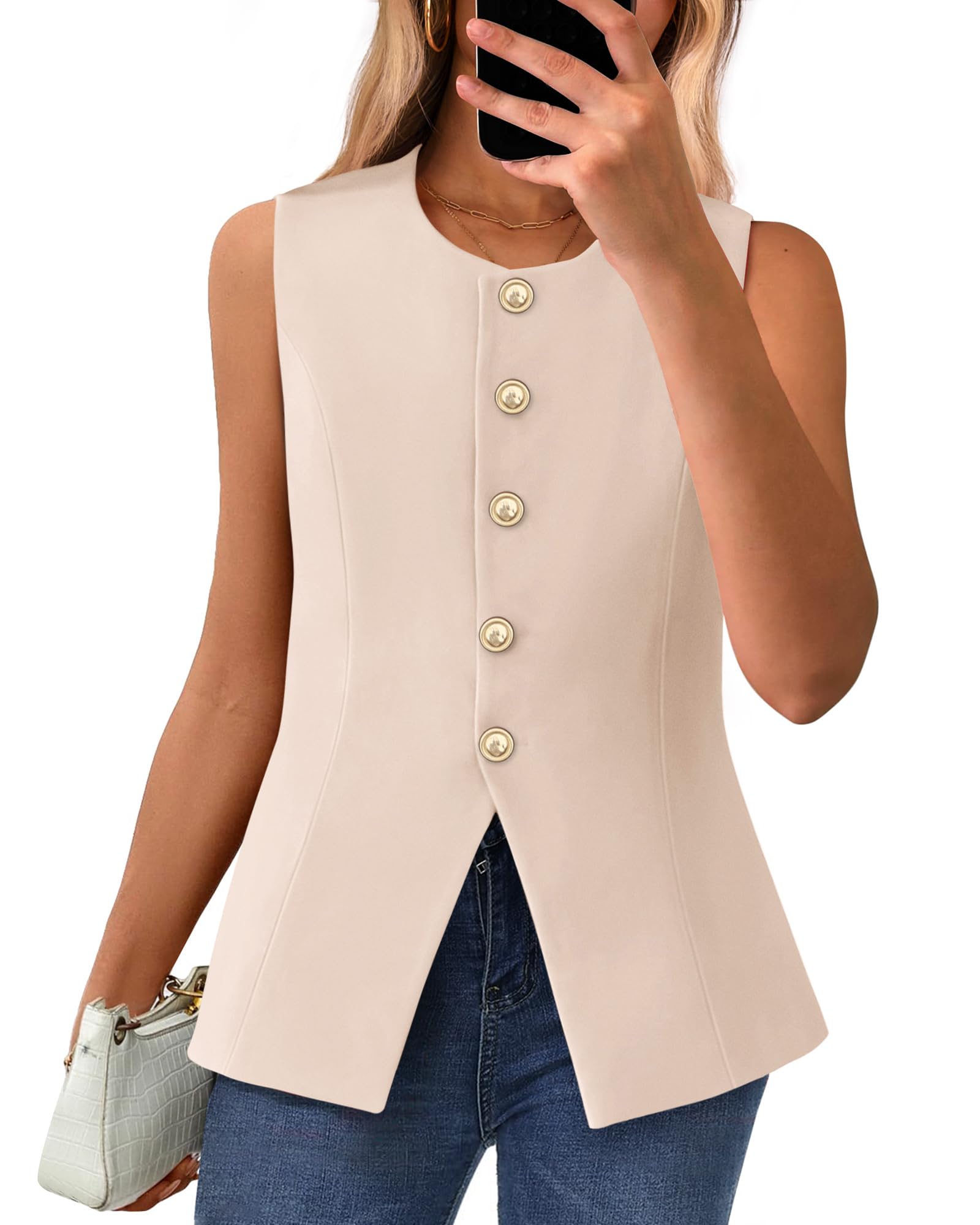 BTFBM Summer Sleeveless Blazer Vest For Women Dressy Button Down Round Neck Business Casual Outfits Work Suit Vests Tops