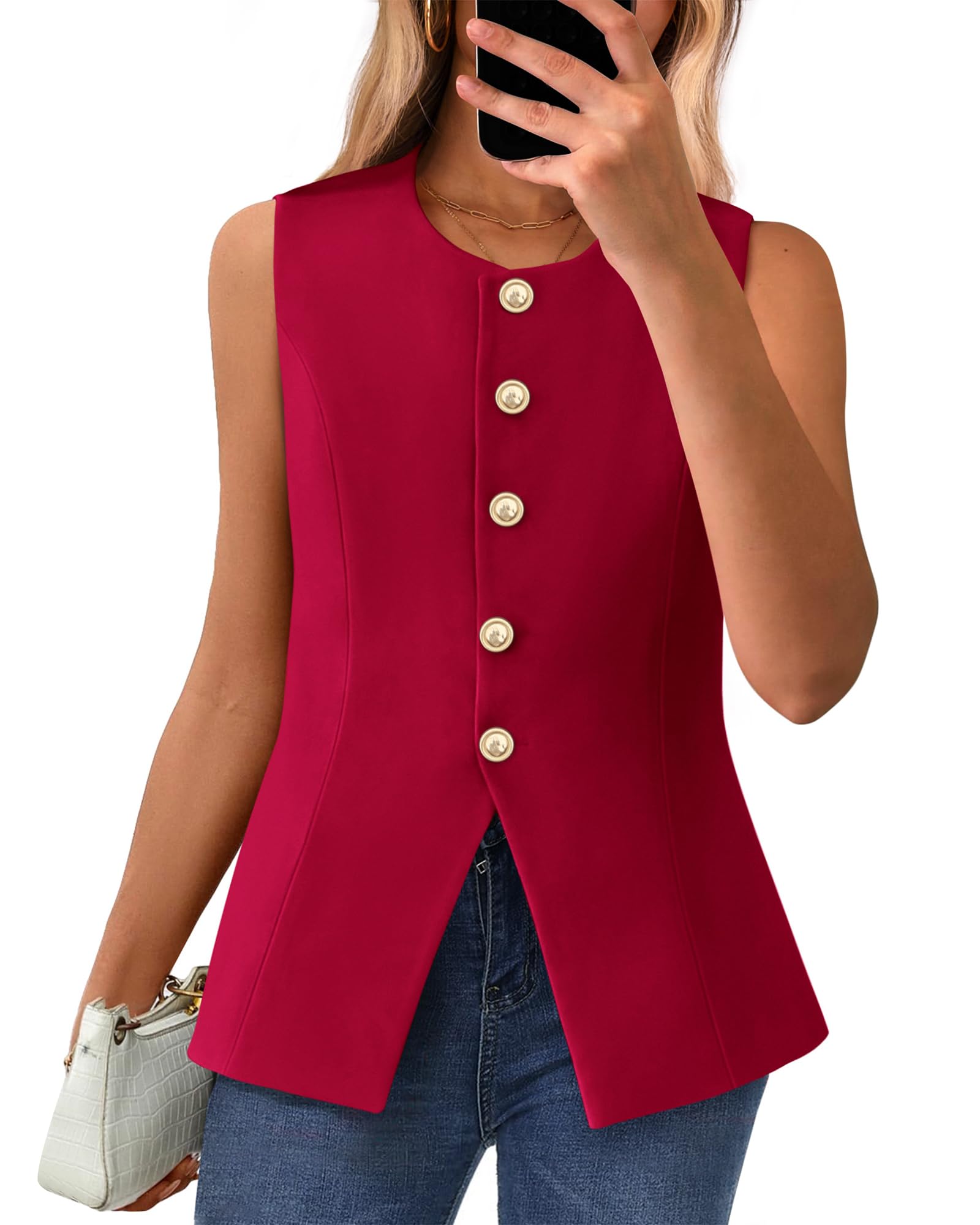 BTFBM Summer Sleeveless Blazer Vest For Women Dressy Button Down Round Neck Business Casual Outfits Work Suit Vests Tops