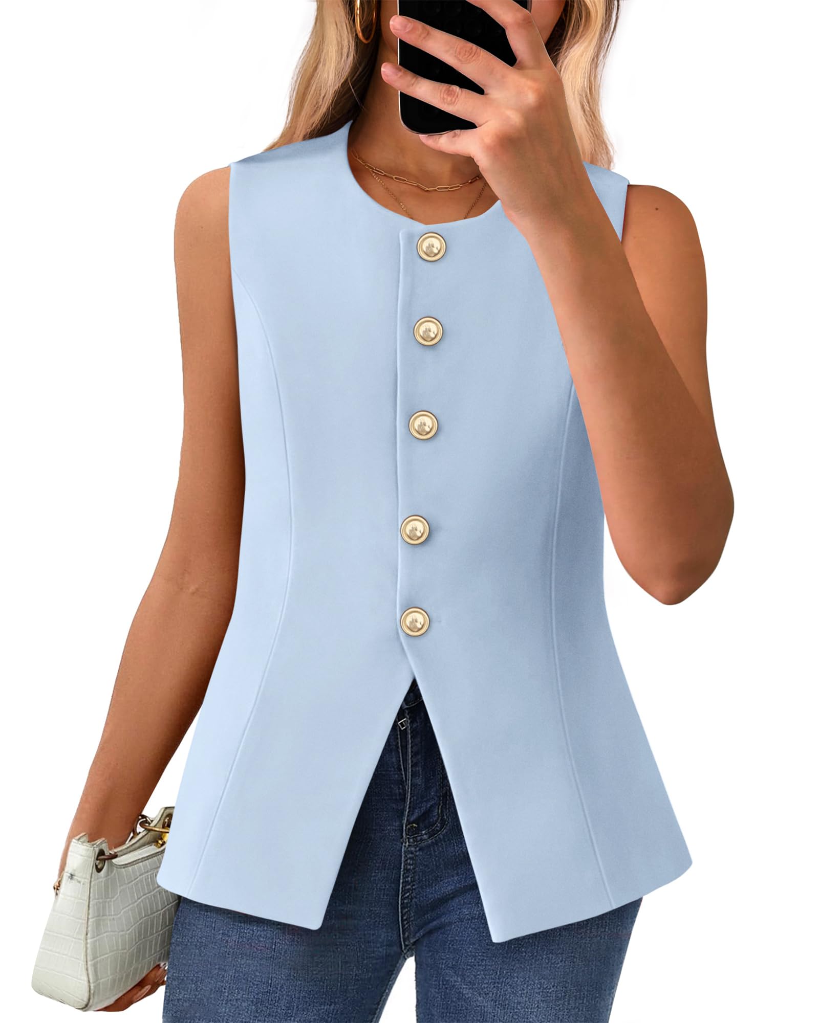 BTFBM Summer Sleeveless Blazer Vest For Women Dressy Button Down Round Neck Business Casual Outfits Work Suit Vests Tops