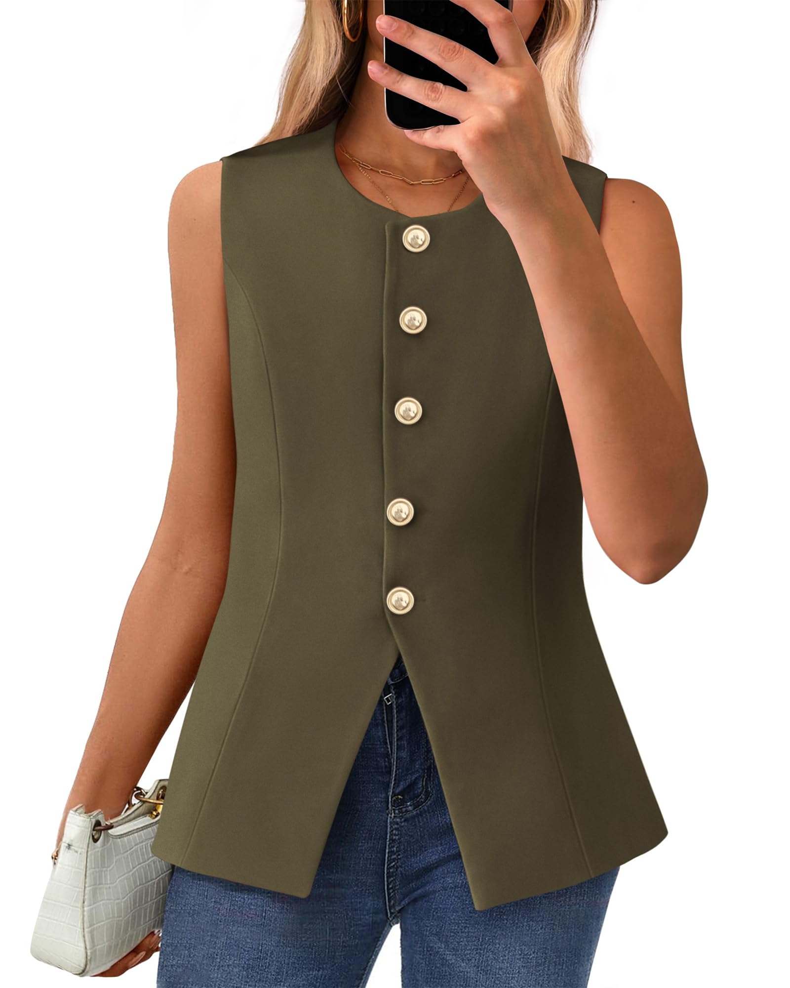 BTFBM Summer Sleeveless Blazer Vest For Women Dressy Button Down Round Neck Business Casual Outfits Work Suit Vests Tops