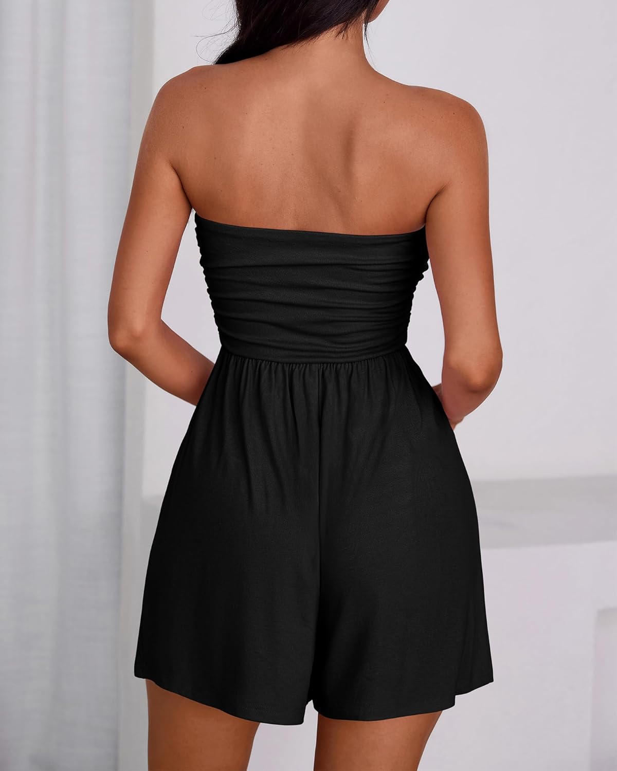 BTFBM Summer Womens Romper 2025 Strapless Tube Top Beach Vacation Clothes Ruffle Boho Loose Shorts Jumpsuits Pockets