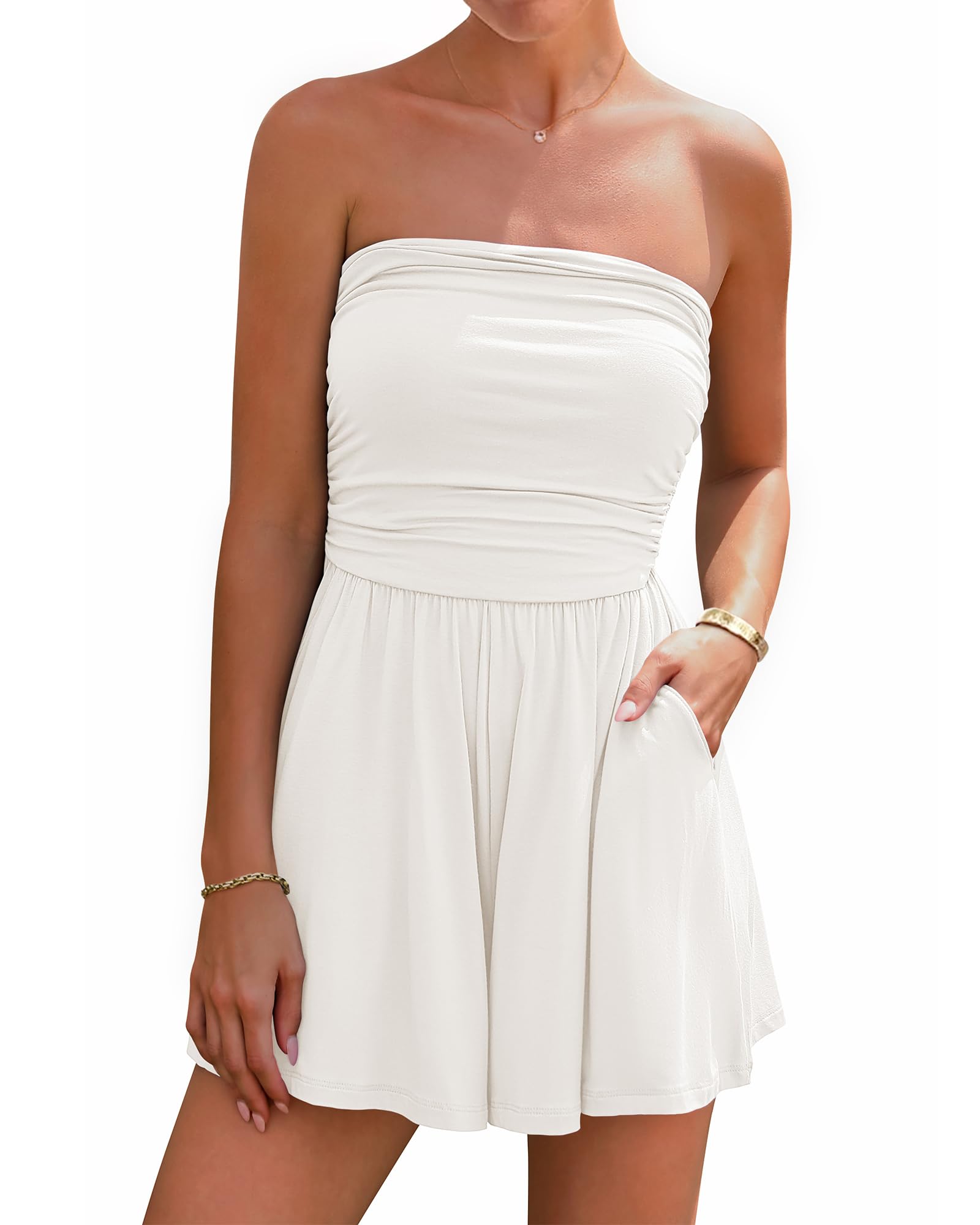 BTFBM Summer Womens Romper 2025 Strapless Tube Top Beach Vacation Clothes Ruffle Boho Loose Shorts Jumpsuits Pockets