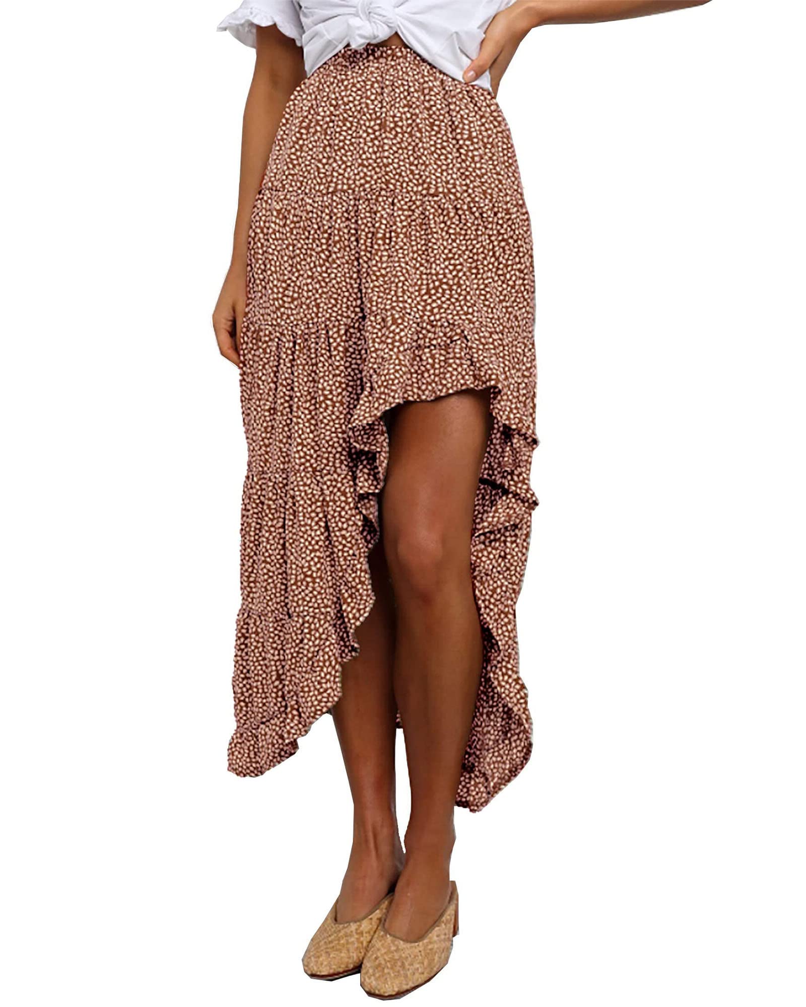 BTFBM Women 2025 Summer Fall Boho Long Skirts Dress Floral Print Elastic Waist Split Ruffle High Low Beach Maxi Skirt