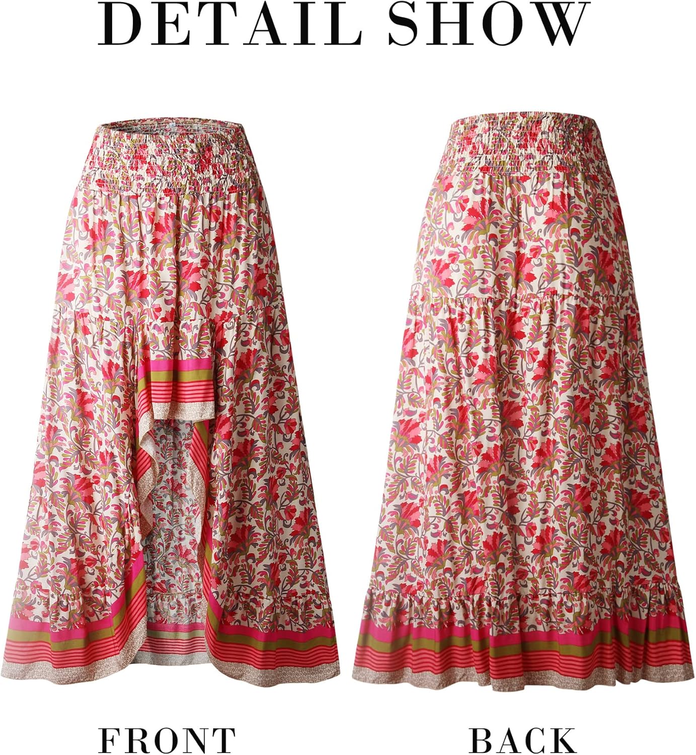 BTFBM Women 2025 Summer Fall Boho Long Skirts Dress Floral Print Elastic Waist Split Ruffle High Low Beach Maxi Skirt