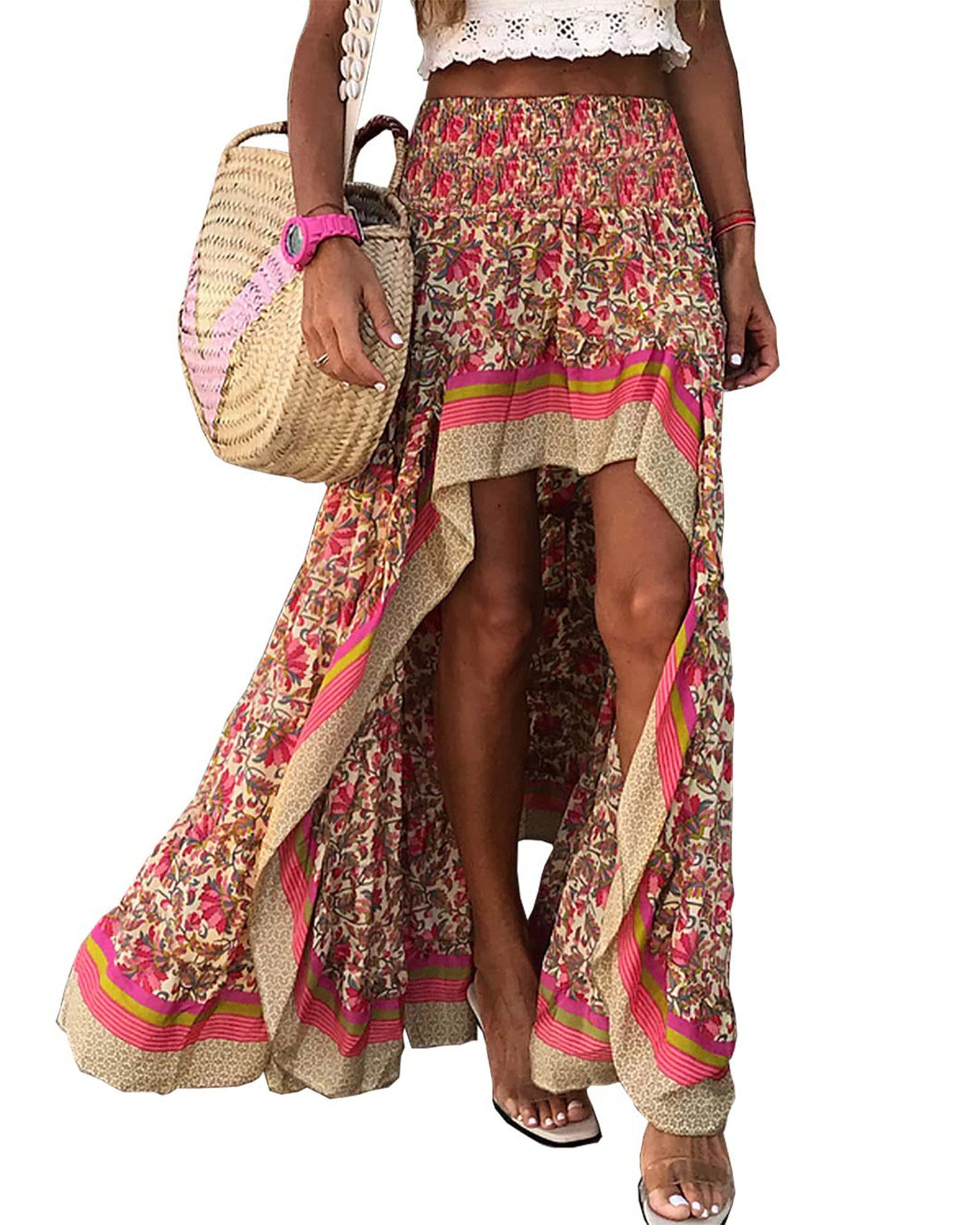 BTFBM Women 2025 Summer Fall Boho Long Skirts Dress Floral Print Elastic Waist Split Ruffle High Low Beach Maxi Skirt